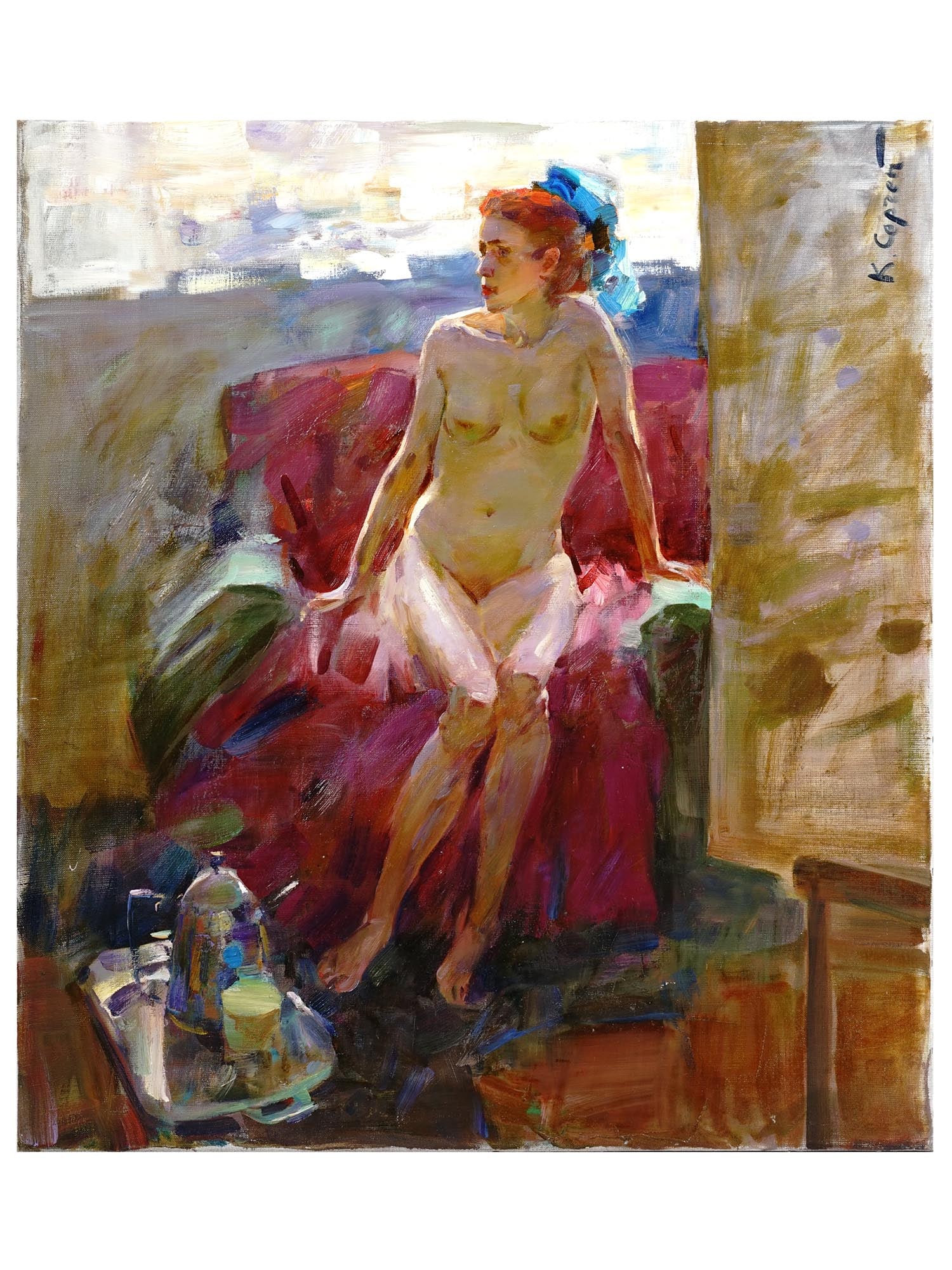 UKRAINIAN NUDE OIL PAINTING BY SERGEY KOVALENKO: Sergey Kovalenko, Ukrainian, born 1980, oil painting on canvas, In The Workshop, 2021. Signed upper right. Additionally inscribed, titled, and dated in Ukrainian and in Latin, on the backside. Sergey 