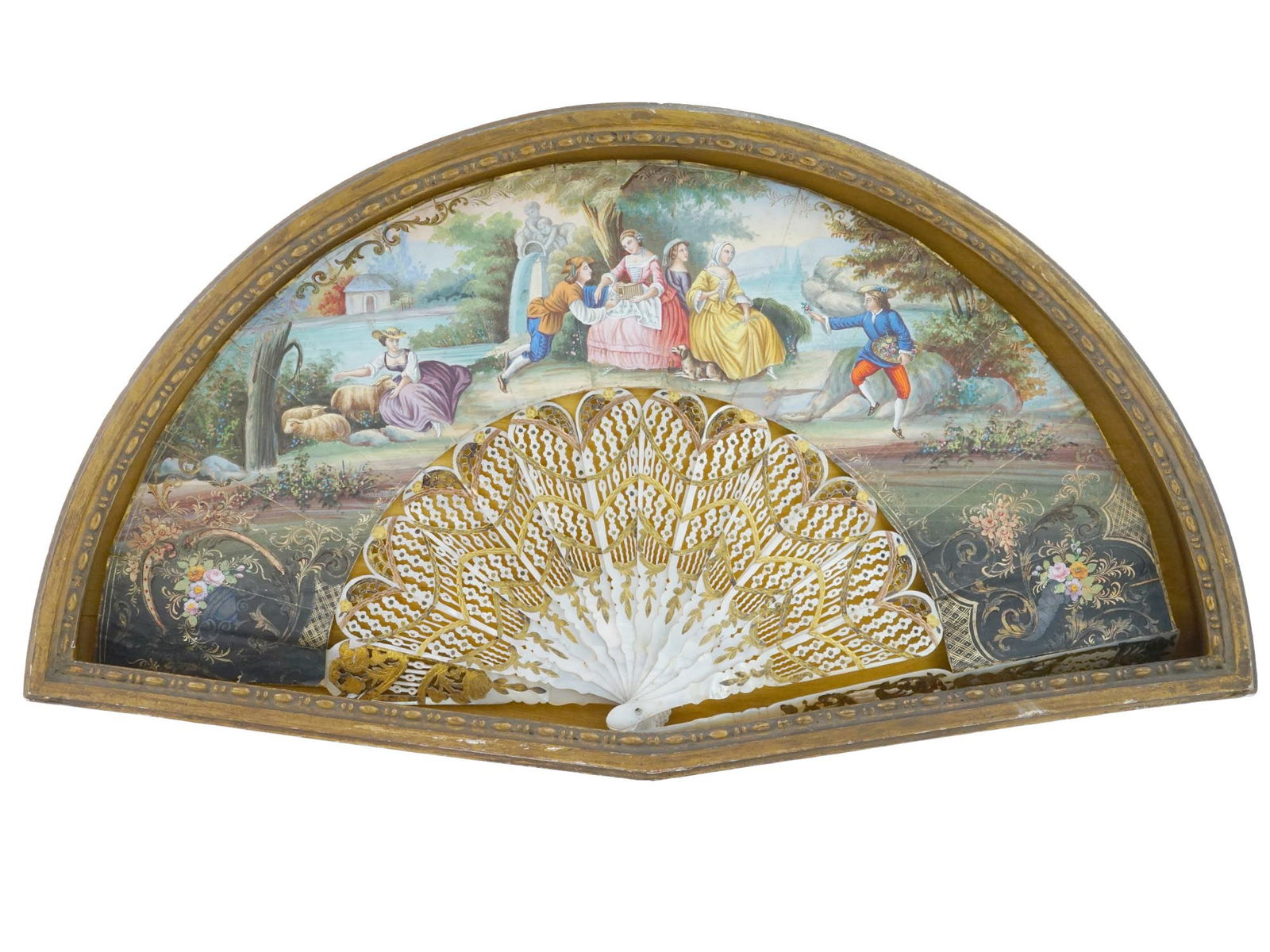 LARGE ANTIQUE FRENCH PEARL HAND PAINTED FAN FRAMED (1 of 10)