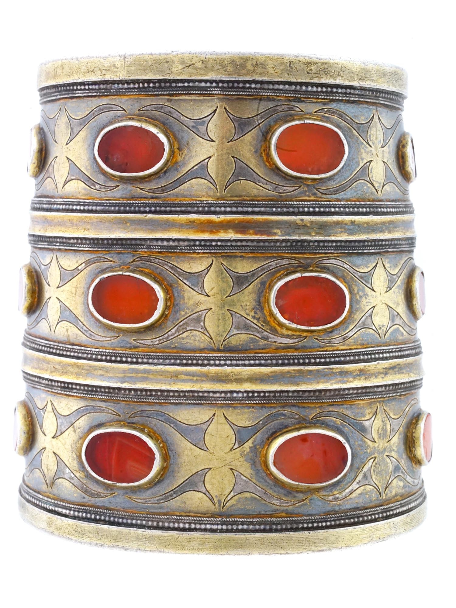 ANTIQUE TURKMEN GILT SILVER CARNELIAN CUFF BRACELETS (1 of 9)