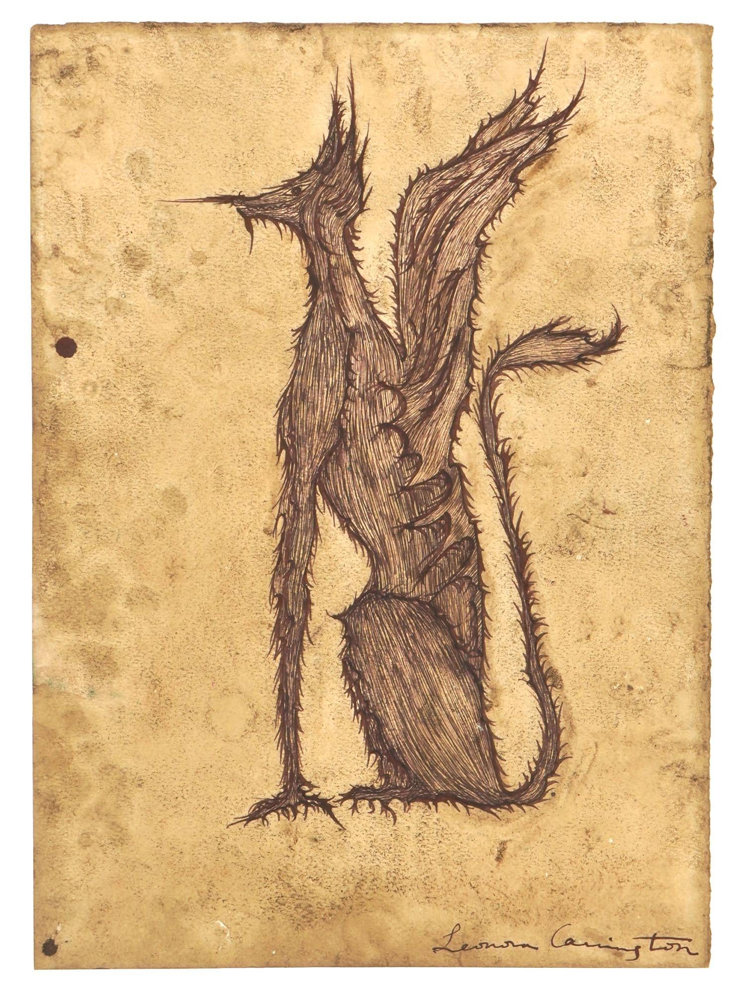 SURREAL BRITISH INK PAINTING BY LEONORA CARRINGTON: Leonora Carrington, British, French, Mexican, 1917 to 2011, ink painting on paper depicting a portrait of a Surreal creature. Signed, lower right. Leonora Carrington is known for Narrative, surrealism