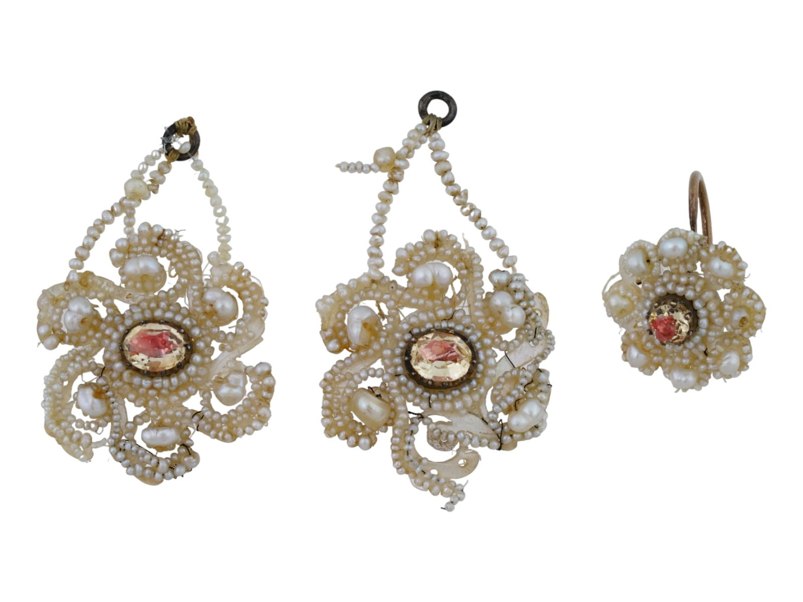 18TH C ROSETTES PEARLS GEMSTONES GOLD JEWELRY PIECES: A set of rare antique 18th century Baroque jewelry pieces composed of natural pearl beads and Baroque pearls. Each piece is set with a pink and yellow gemstone to the center. One piece has a golden ho