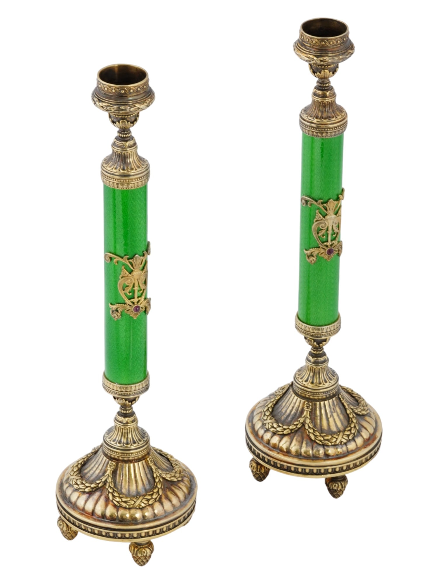 RUSSIAN GILT SILVER GUILLOCHE ENAMEL CANDLESTICKS (1 of 9)