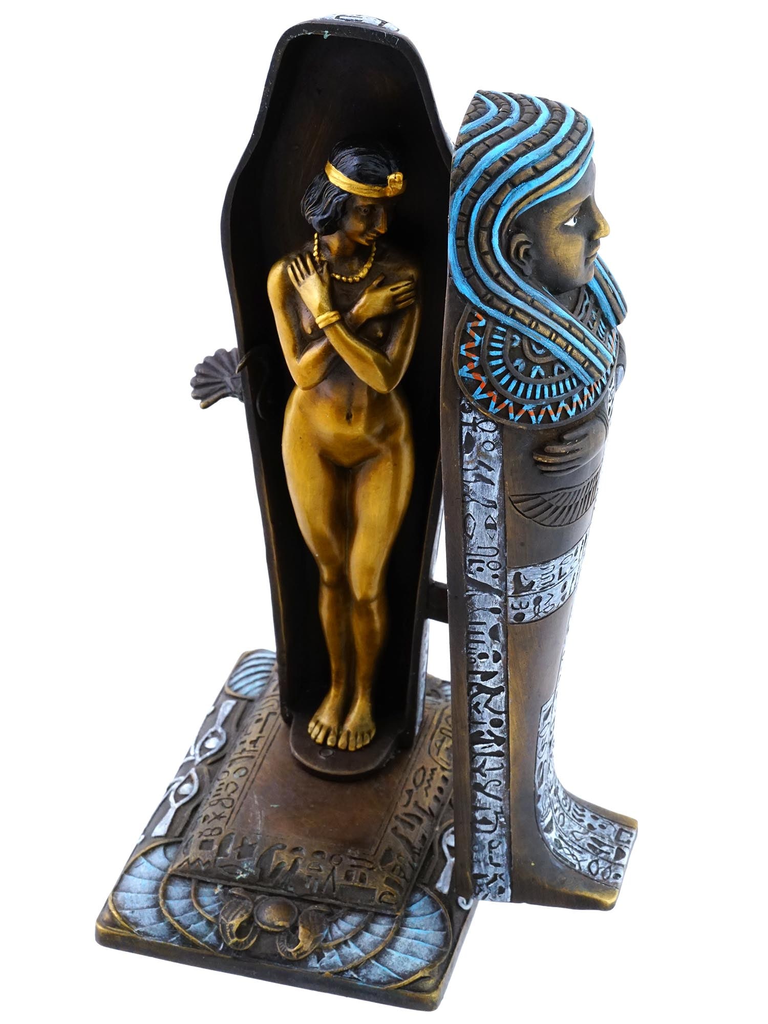BERGMAN VIENNA COLD PATINATED EROTIC BRONZE FIGURE: A rare large antique Franz Xavier Bergman, 1861 to 1936, Vienna cold painted bronze mummy figure of a erotic nude woman figure in sarcophagus. The Sarcophagus coffin is movable and has a lock. Franz X