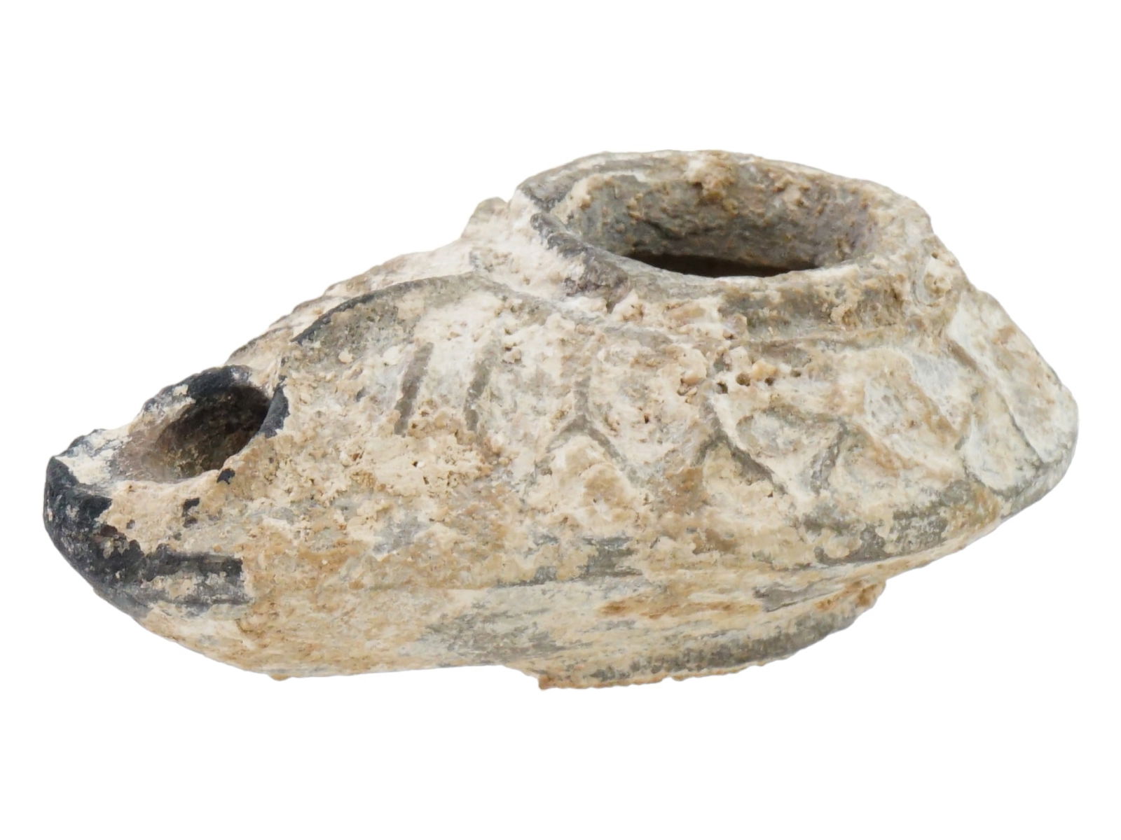 ANCIENT BYZANTINE 4TH C AD TERRACOTTA OIL LAMP: An attractive Byzantine terracotta oil lamp, circa the 4th century AD. Ovoid in shape, the shoulders are decorated with raised Christian inscriptions, which possibly says The Light of Jesus Shines Bri