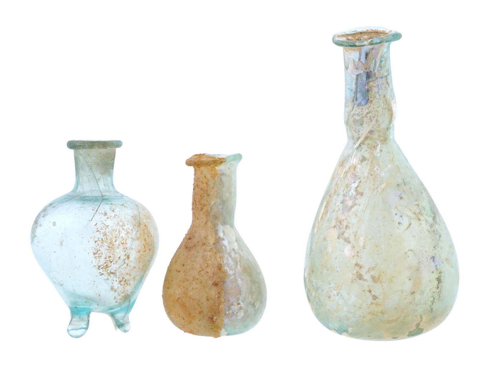 THREE ANCIENT ROMAN MINIATURE GLASS JARS (1 of 4)