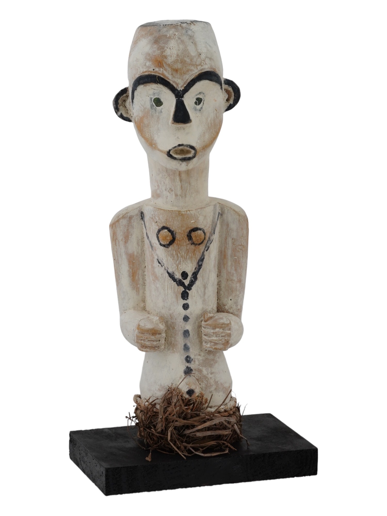 CENTRAL AFRICA GABON MITSOGHO WOOD TRIBAL STATUE: A Central African Gabon Mitsogho hand carved and hand painted white wooden statue. The statue depicts a white human figure with black pigment facial features and clothes elements. The base is adorned
