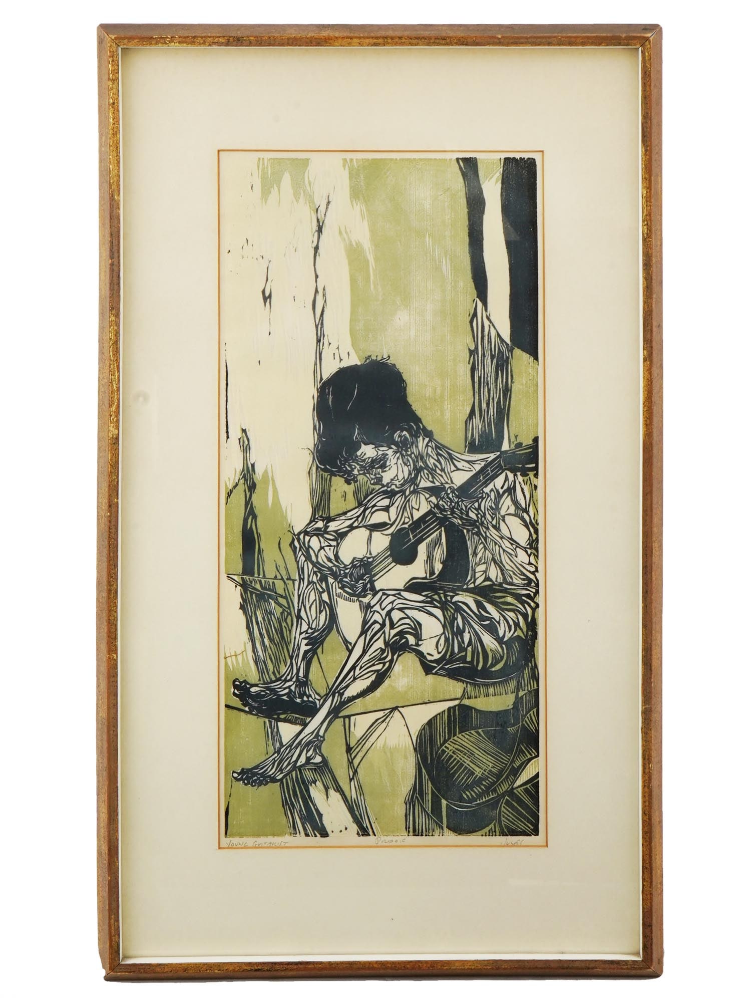VINTAGE WOODCUT YOUNG GUITARIST BY MERVIN JULES (1 of 7)