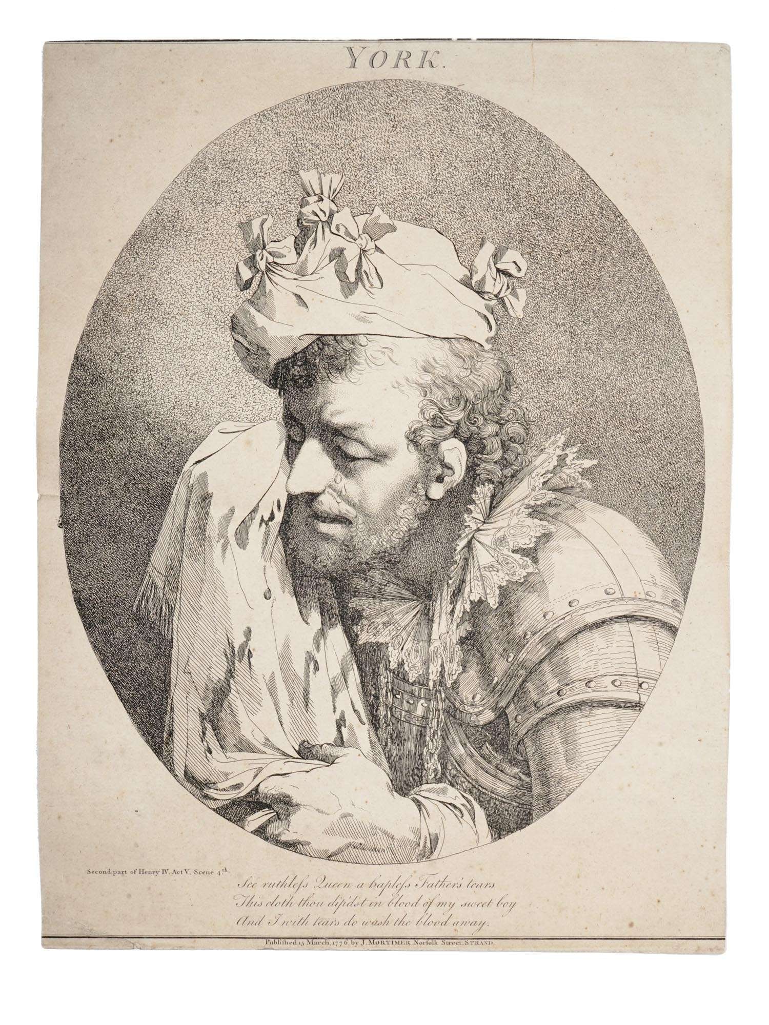 ANTIQUE BRITISH ETCHING BY JOHN HAMILTON MORTIMER: John Hamilton Mortimer, 1740 to 1779, British, etching and stipple engraving on thick, slightly textured, beige laid paper, Duke of York from Twelve Characters from Shakespeare. This etching comes fro