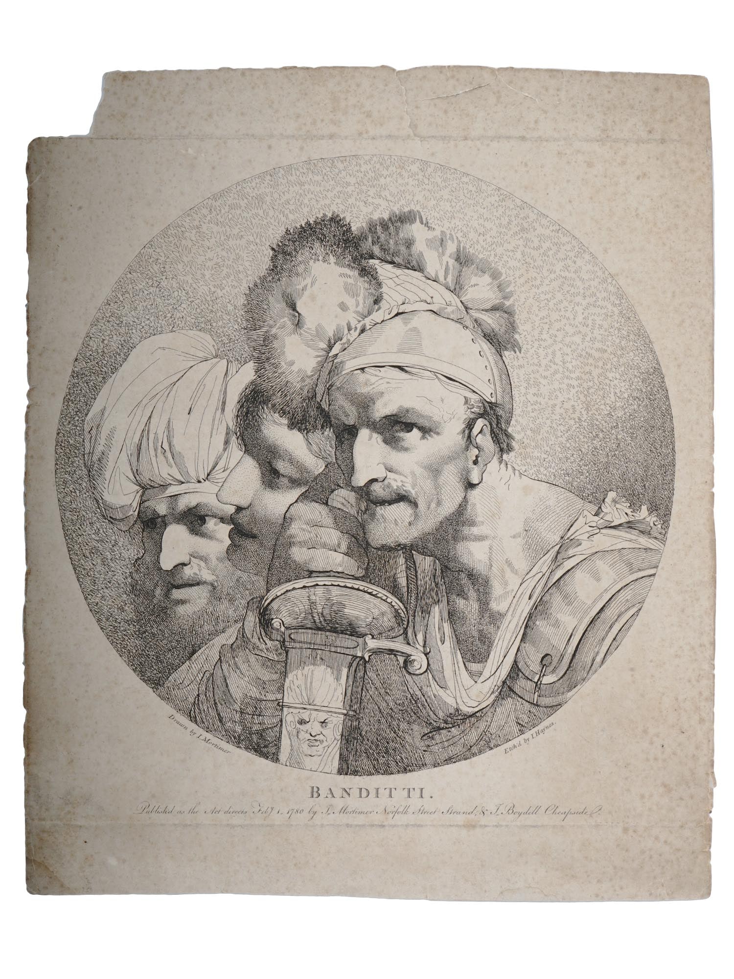 ANTIQUE BRITISH ETCHING BY JOHN HAMILTON MORTIMER: John Hamilton Mortimer, 1740 to 1779, British, etching and stipple engraving on thick, slightly textured, beige laid paper, Banditti, Bandits. Etched by Joseph Haynes, British, 1760 to 1829. Signed in