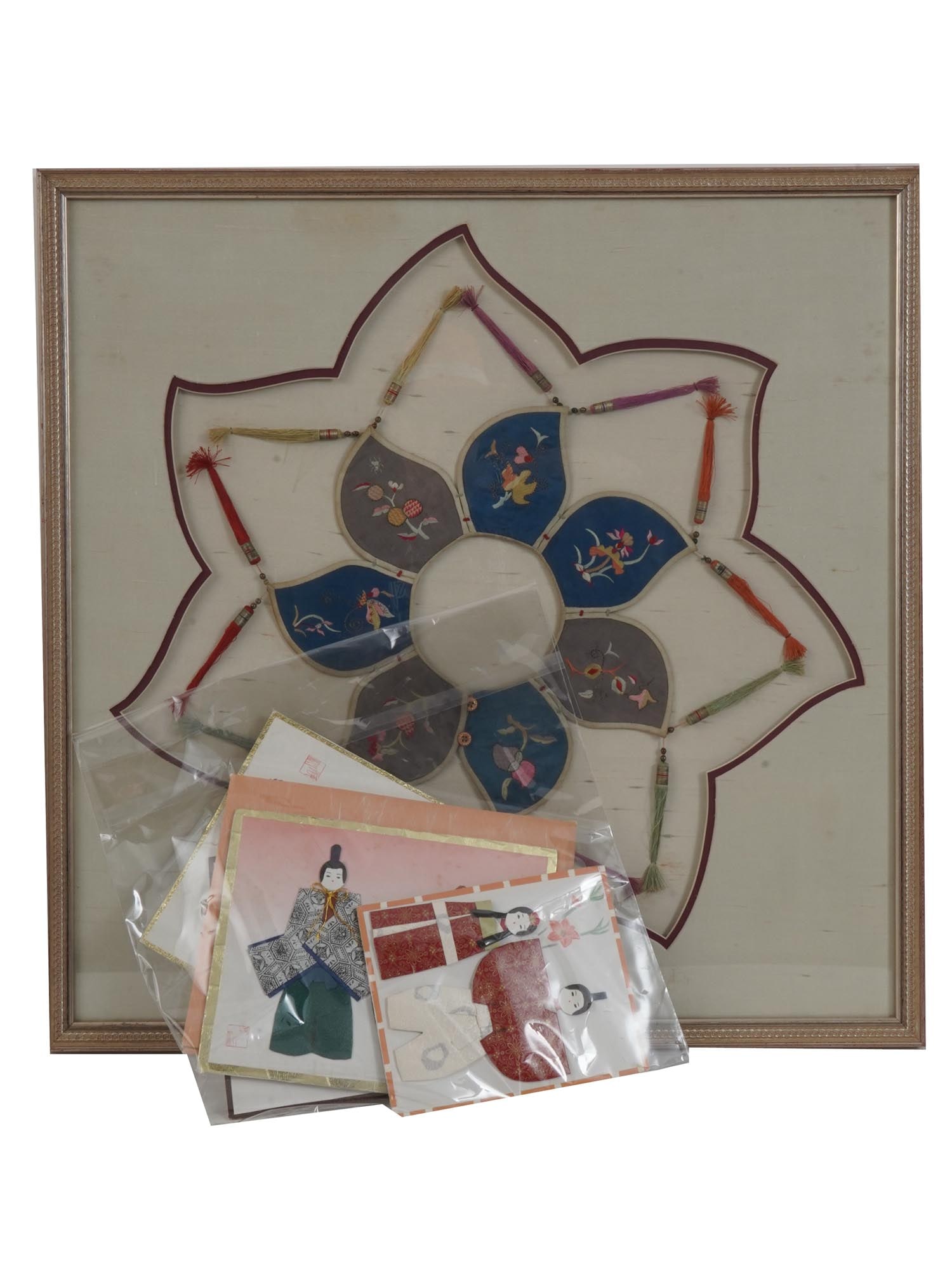 JAPANESE TALE OF GENJI MIXED MEDIA ILLUSTRATIONS: An antique Japanese mixed media collage, fabric, pencil, watercolor, illustrations depicting female and male figures in traditional costumes. Each is marked with a red stamp. An antique mixed media, i