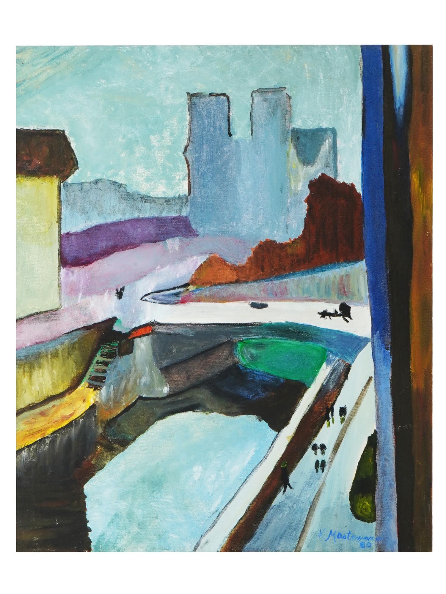 VIEW OF PARIS OIL PAINTING AFTER HENRI MATISSE: Oil on canvas painting. After the 1902 painting titled Notre-Dame, une fin d apres-midi, A Glimpse of Notre-Dame in the Late Afternoon, by Henri Matisse, 1869 to 1954, a prominent French Modernist art