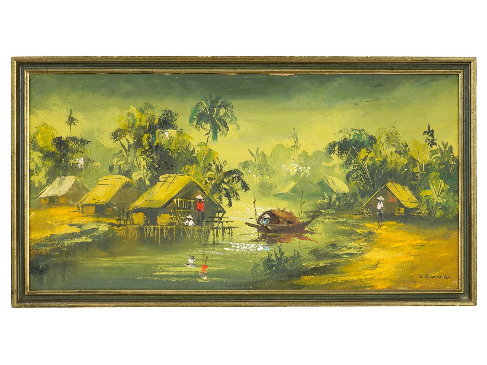 VIETNAMESE VILLAGE OIL PAINTING BY THANH C 1960S: An oil painting on canvas by Thanh. The painting depicts a landscape of the Vietnamese village with small thatched houses, a large river in the middle and local residents. The painting is made mainly 