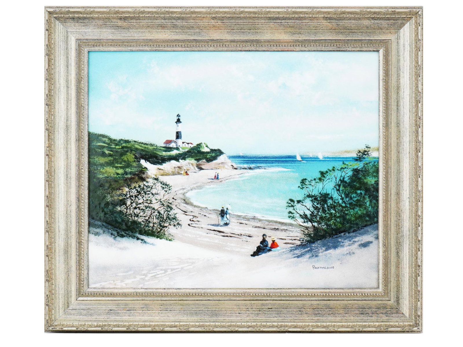 CHARLES PARTHESIUS AMERICAN ENAMEL COPPER PAINTING: A fine Impressionist painting created in fused glass enamel on copper plate by Charles Parthesius, American, 1921 to 1997. The painting depicts a pleasant sunny day with people in 19th century clothin
