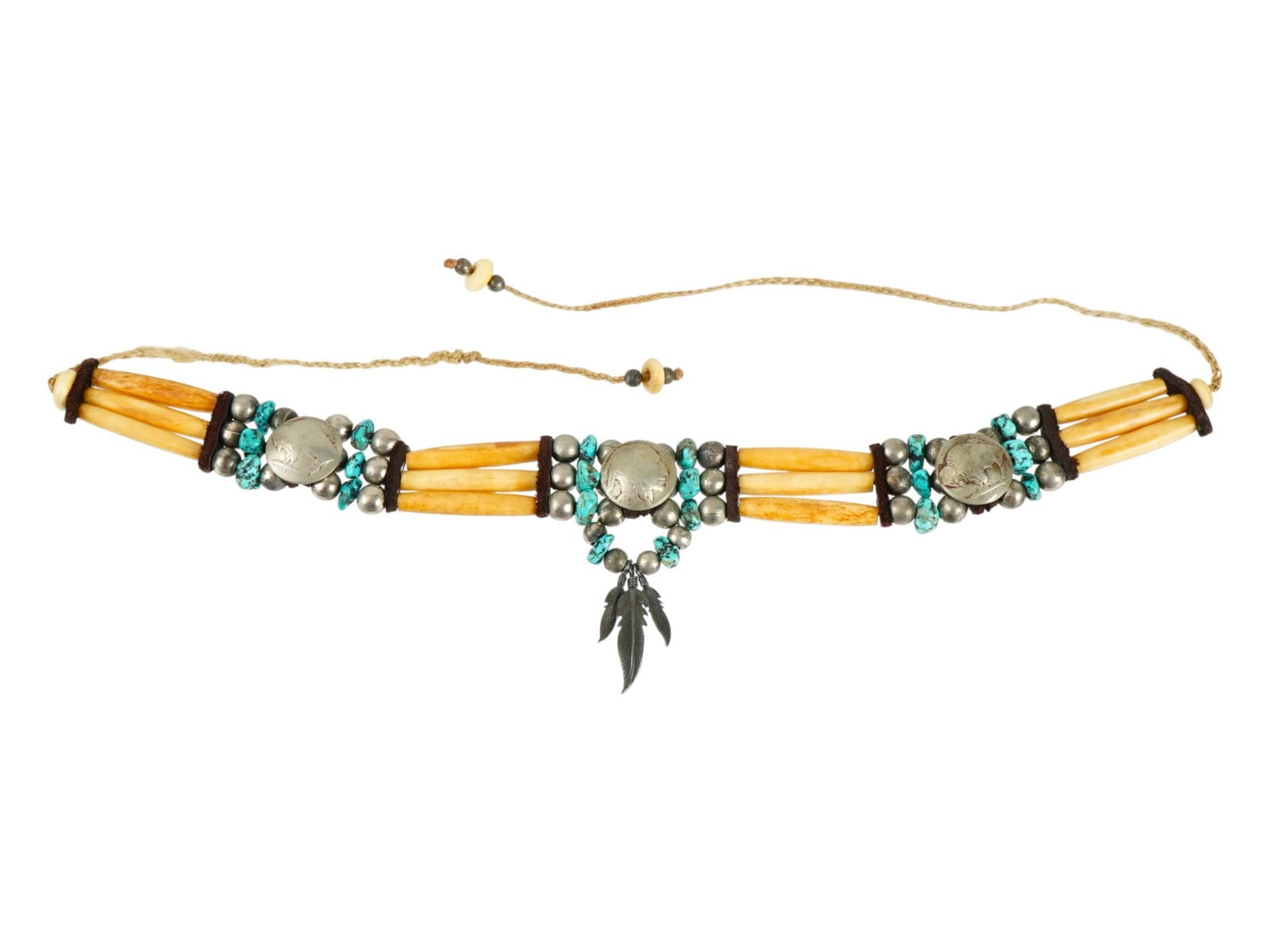 ANTIQUE ORIGINAL NATIVE AMERICAN NAVAJO SILVER NECKLACE: An antique original Native American Navajo choker necklace featuring a striking piece adorned with bone pieces, silver beads and feather pendants, genuine early 20th century Indian Head Buffalo nickel