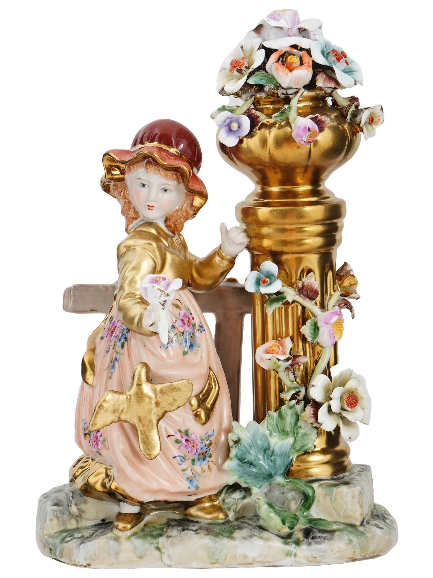 GLAZED AND GILDED PORCELAIN FIGURINE GIRL W FLOWERS: A polychrome glazed and gilded porcelain figurine of a girl with flowers. The tabletop figurine of a fair haired girl done in a classical Rococo style, the scene incorporates period clothing and copio