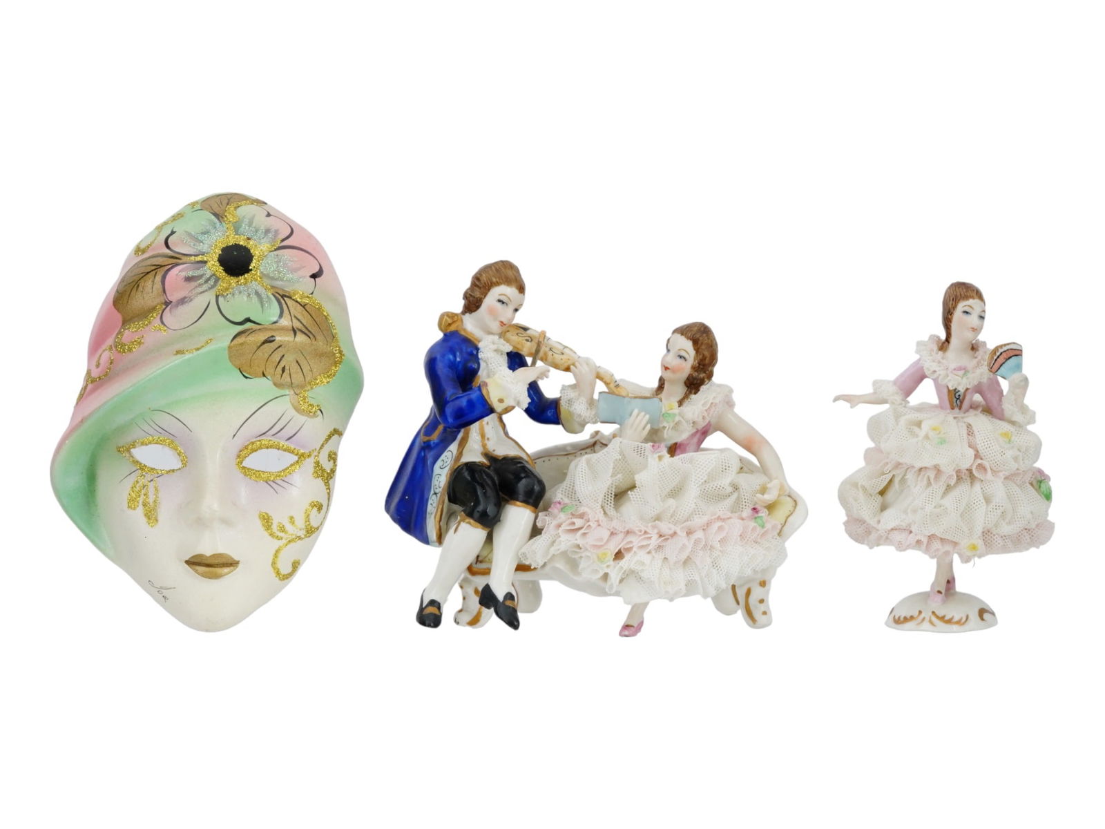 IRISH DRESDEN LACE PORCELAIN FIGURINES AND MASK (1 of 11)
