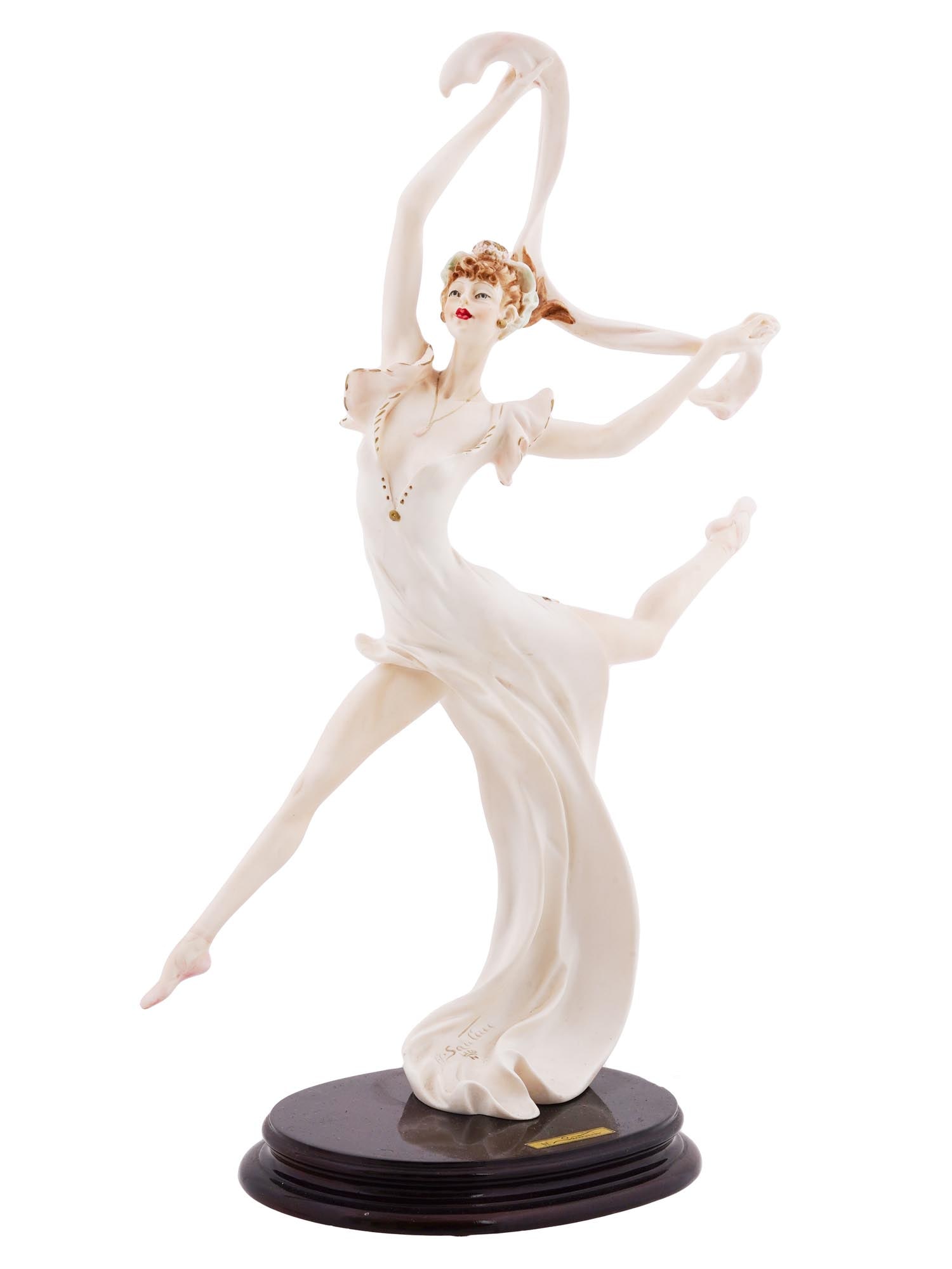 CAPODIMONTE ART DECO FIGURINE BY AMILCARE SANTINI: A nice vintage Italian Art Deco style figurine depicting an elegant lady dancing by Amilcare Santini, 1910 to 1975. Has an incised signature to the base: A. Santini and marked with a Capodimonte emble