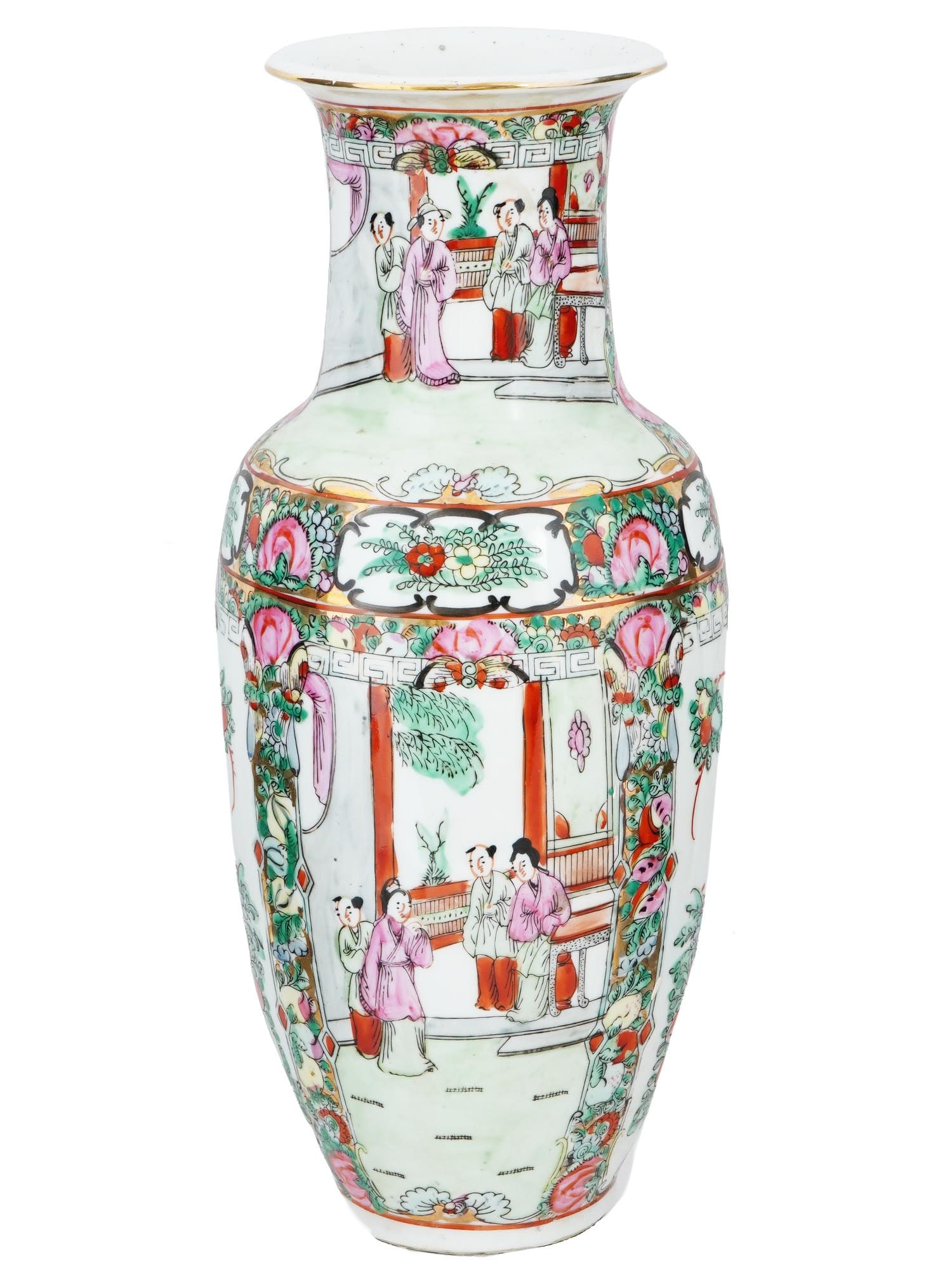VINTAGE ACF HONG KONG PORCELAIN FAMILLE ROSE VASE: A vintage hand-painted porcelain vase. British Hong Kong, ca. 1960s to 1970s. White body of elongated baluster shape. Famille rose decoration, panels with multi-figure scenes and floral ornaments. Gil