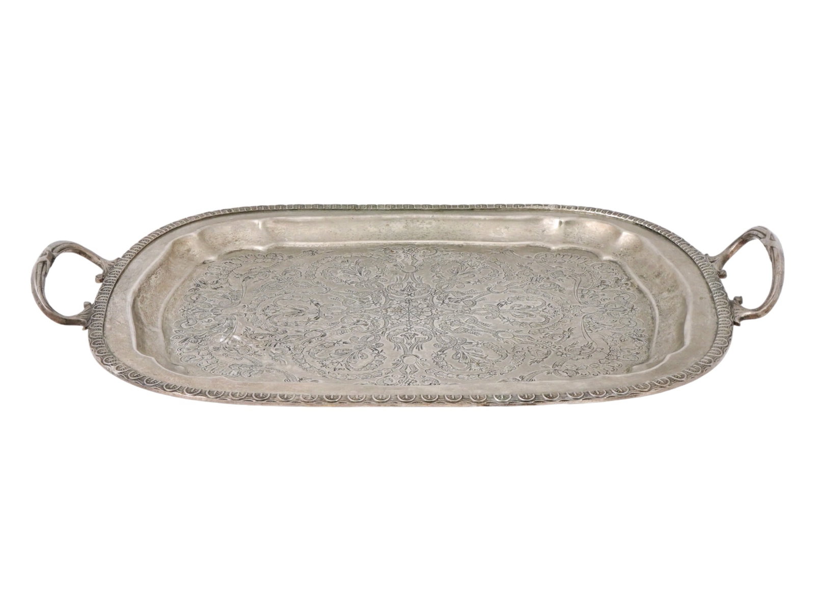 VINTAGE MOROCCAN SILVER PLATED TRAY W TWO HANDLES (1 of 6)