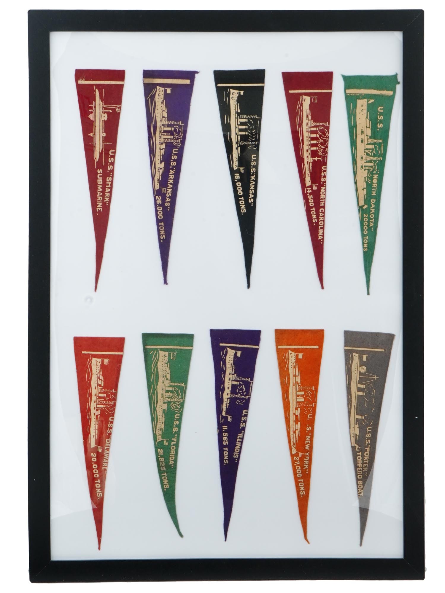 WWI ERA US NAVY SOUVENIR PENNANTS IN SHADOW BOX (1 of 7)