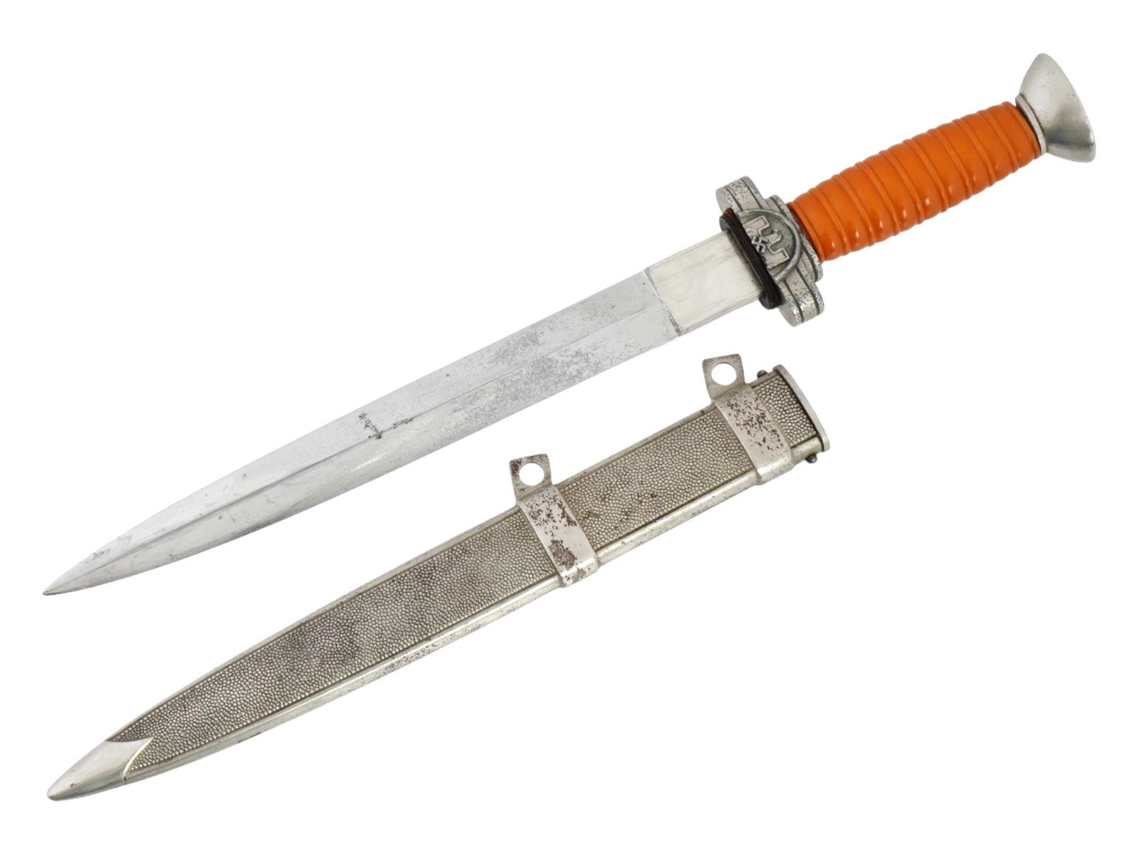 WWII NAZI GERMAN RED CROSS OFFICERS DAGGER: A World War II German Red Cross, Deutsches Rotes Kreuz, officers dagger. Stainless steel blade. Yellow synthetic grip. A half symbol of the DRK, an eagle with a swastika, is on the crossguard. The dag