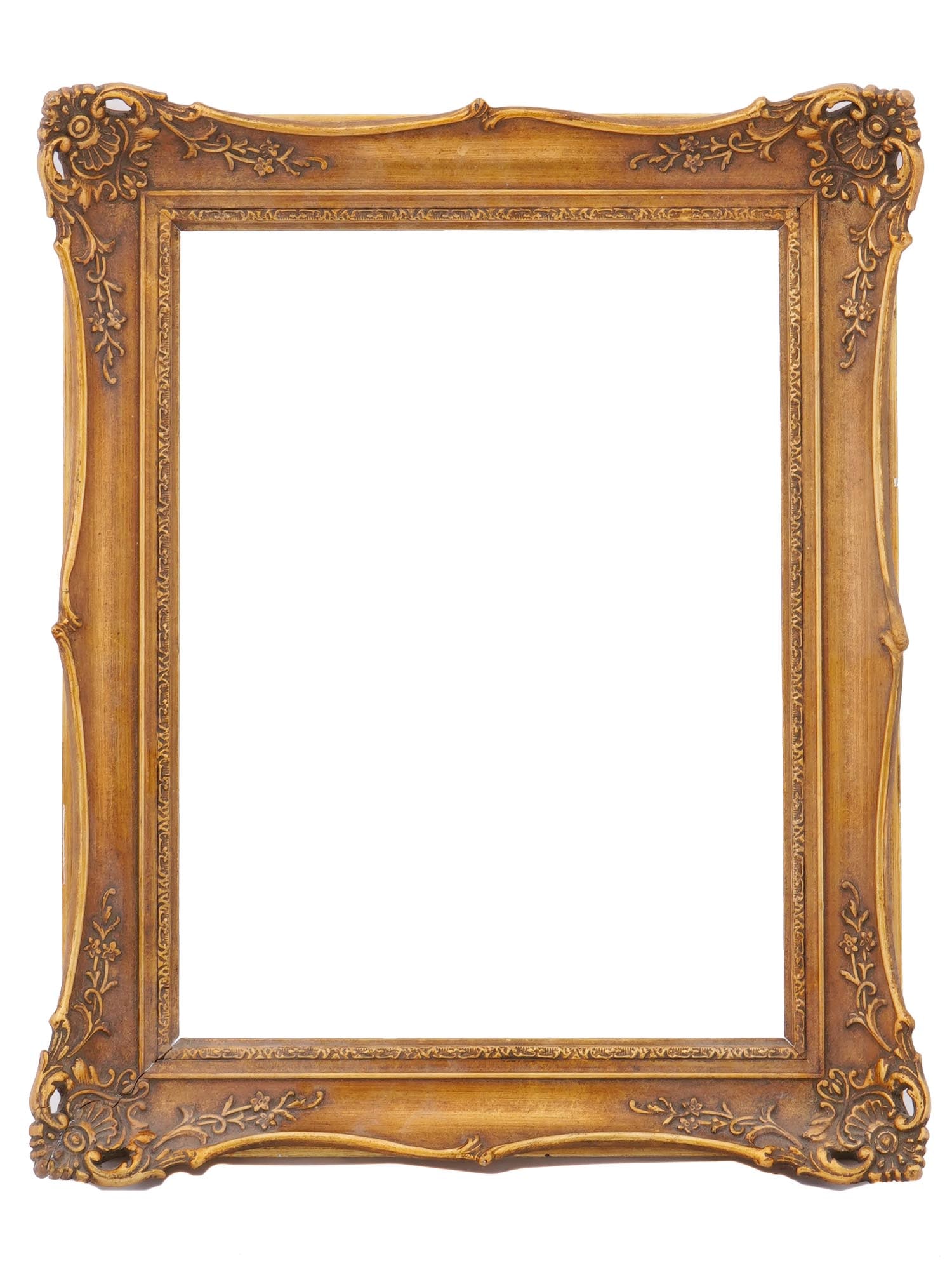 ANTIQUE EUROPEAN SCHOOL ORNATE GILT WOODEN FRAME: An antique French gilt patinated hand carved wooden frame. The frame is made in relief gold leaf and scrollwork designs with fine cartouches. Circa: late 19th century to early 20th century. Antique, V