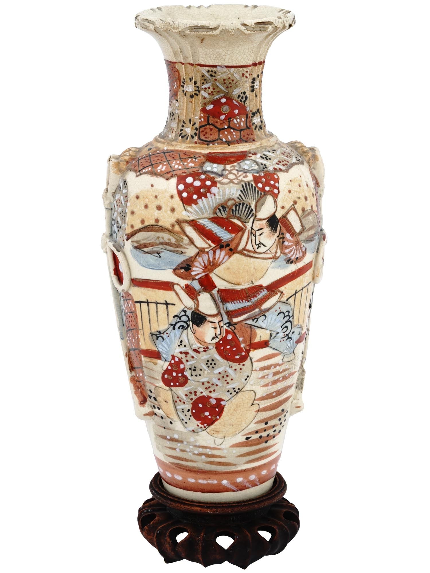 LARGE JAPANESE HAGOROMO SATSUMA PORCELAIN VASE: A large antique Japanese late Meiji era Satsuma porcelain vase made in the manner of Yabu Meizan. The vase is adorned with a fluted flower petal rim, a flared cylindrical neck circumvented with raised