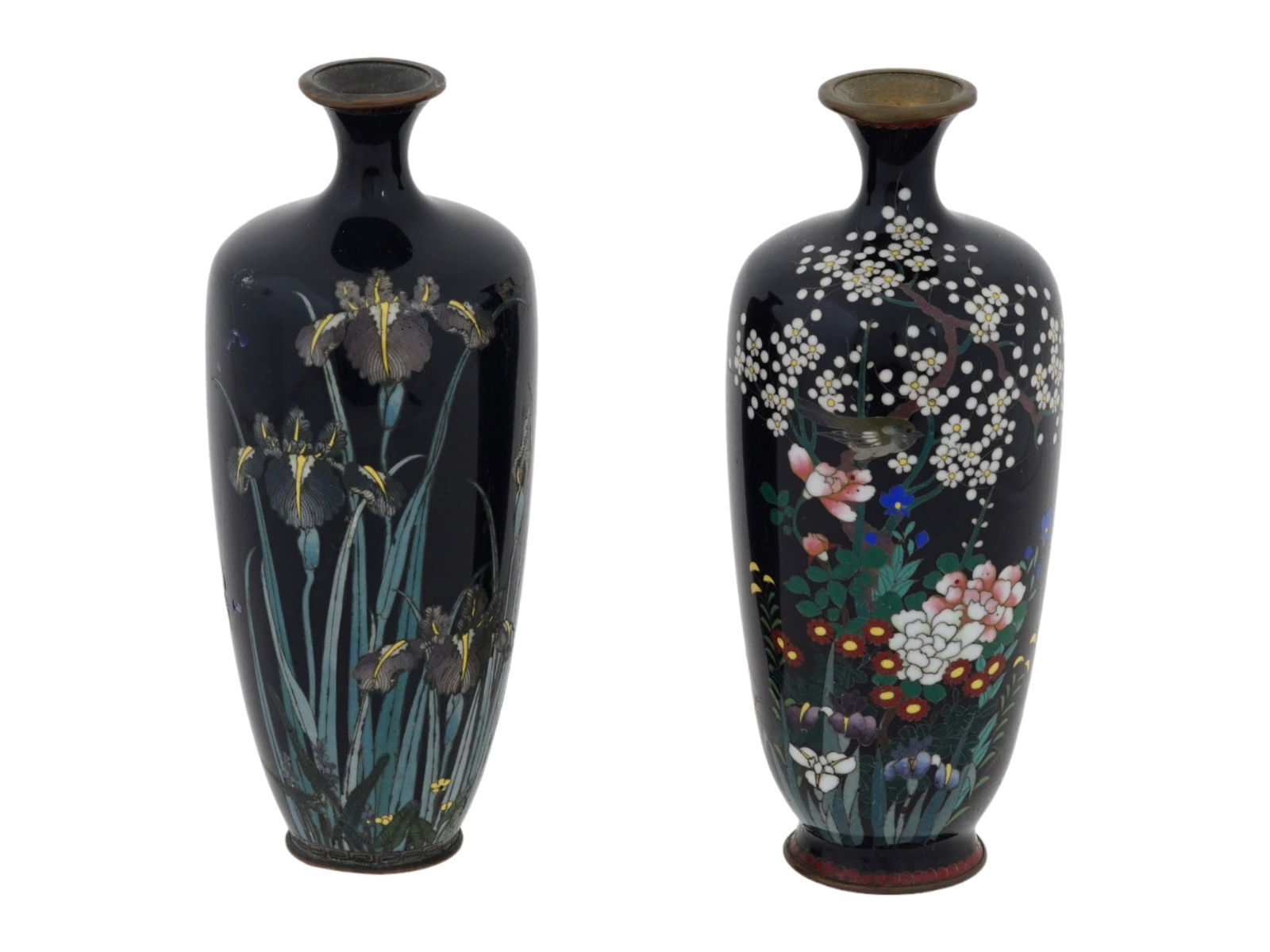 ANTIQUE JAPANESE MEIJI CLOISONNE ENAMEL VASES: A pair of antique Japanese copper vases with cloisonne enamel design. Late Meiji period, before 1912. Baluster shape, pronounced neck. Black ground color. Cherry blossoms and iris flowers decor. Colle
