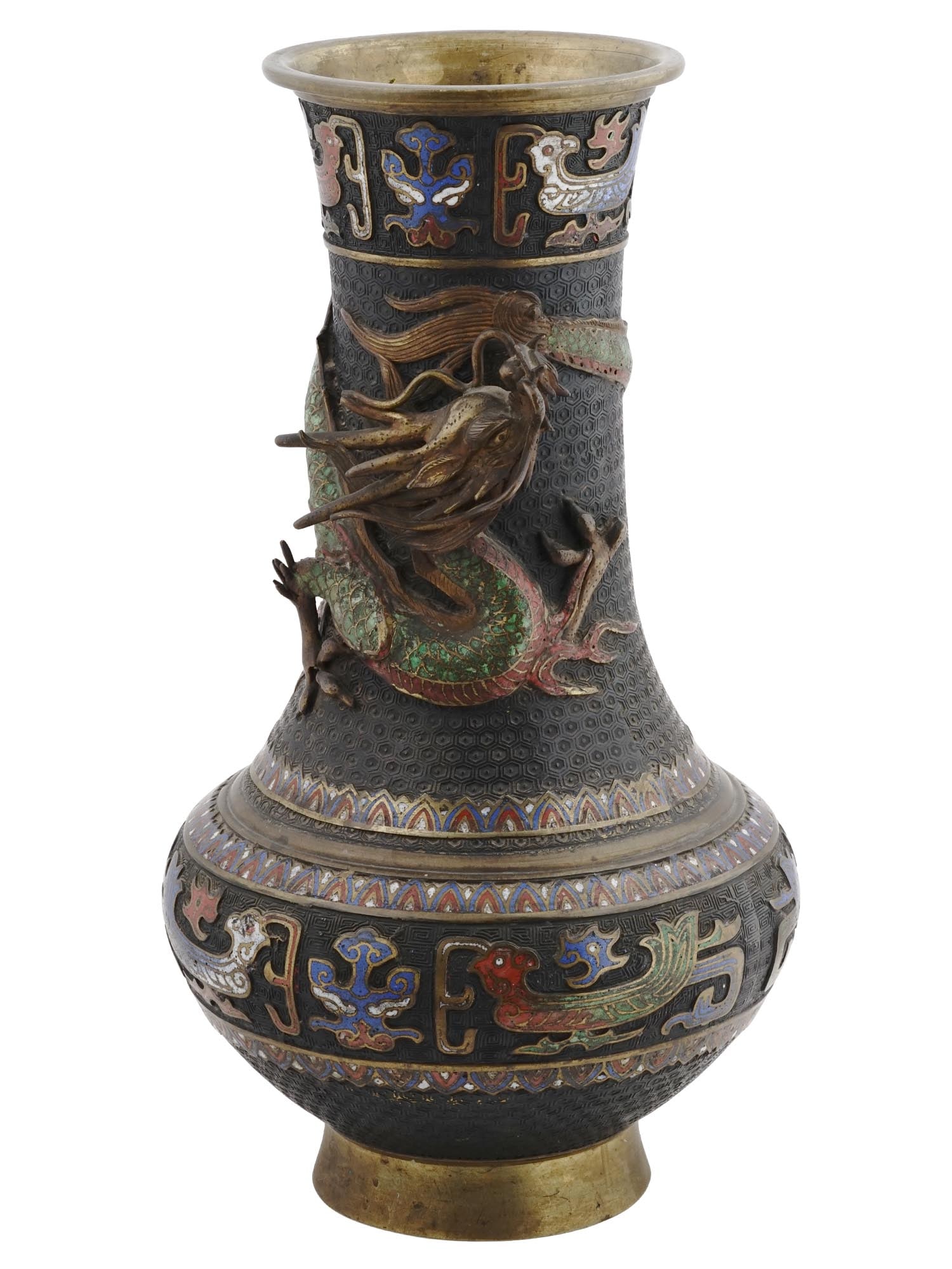 ANTIQUE JAPANESE MEIJI BRONZE ENAMEL DRAGON MOTIF VASE: A large antique Japanese Meiji era bronze cloisonne vase. Features a cylindrical body with a flared neck, the surface is adorned with enamel decorations. The standout feature of this vase is the appli