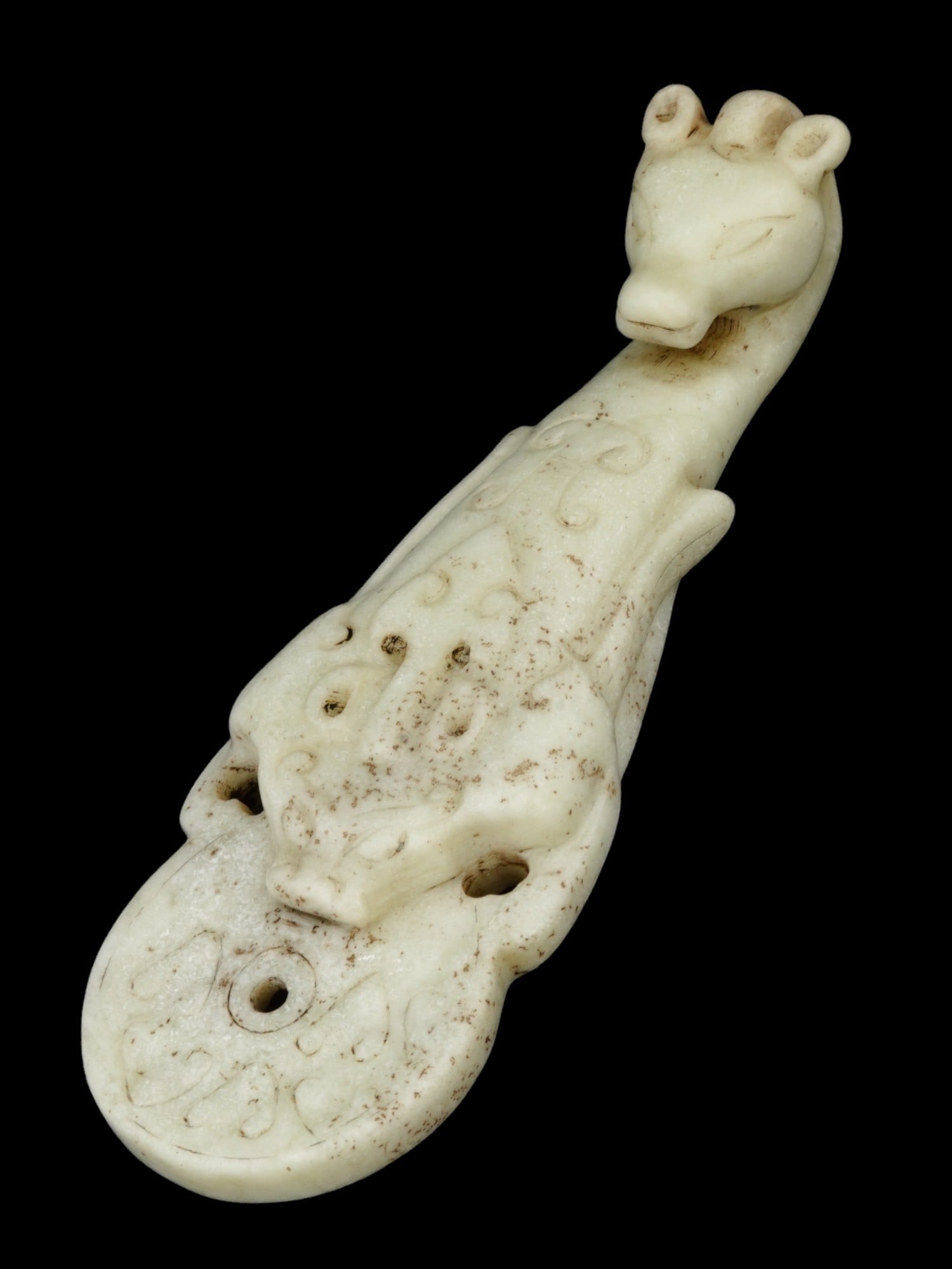 ANTIQUE CHINESE QILIN CARVED WHITE JADE BELT HOOK (1 of 5)