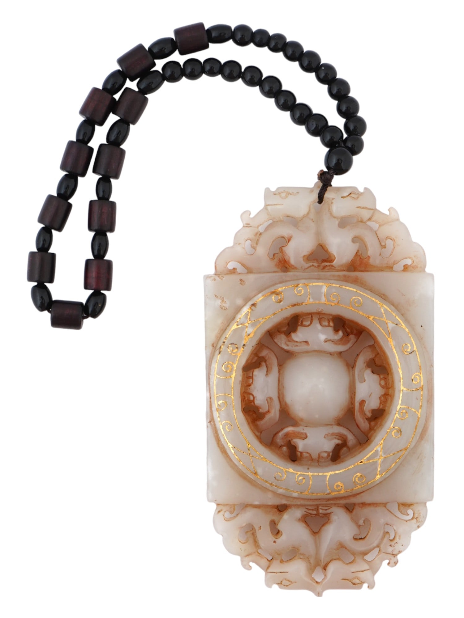 ANTIQUE CHINESE BEADED GILDED WHITE JADE PENDANT (1 of 5)
