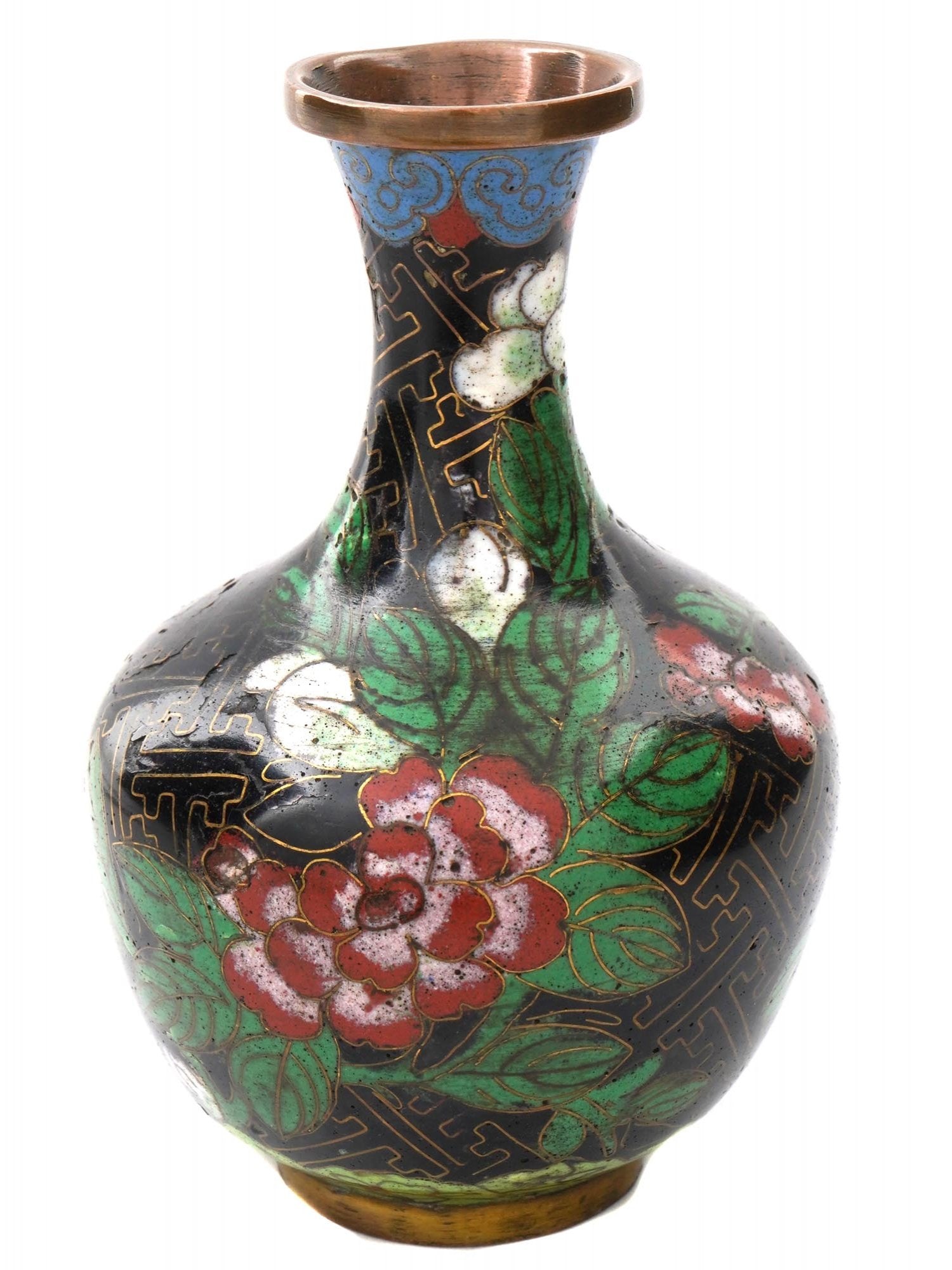 CHINESE REPUBLIC ERA FLOWERS CLOISONNE ENAMEL VASE: A Chinese Republic Era enamel vase. The vase has a globular shaped body, a tall neck, and a fluted mouth. The vase is adorned with polychrome enamel floral, foliage, and scrollwork motifs made in the 