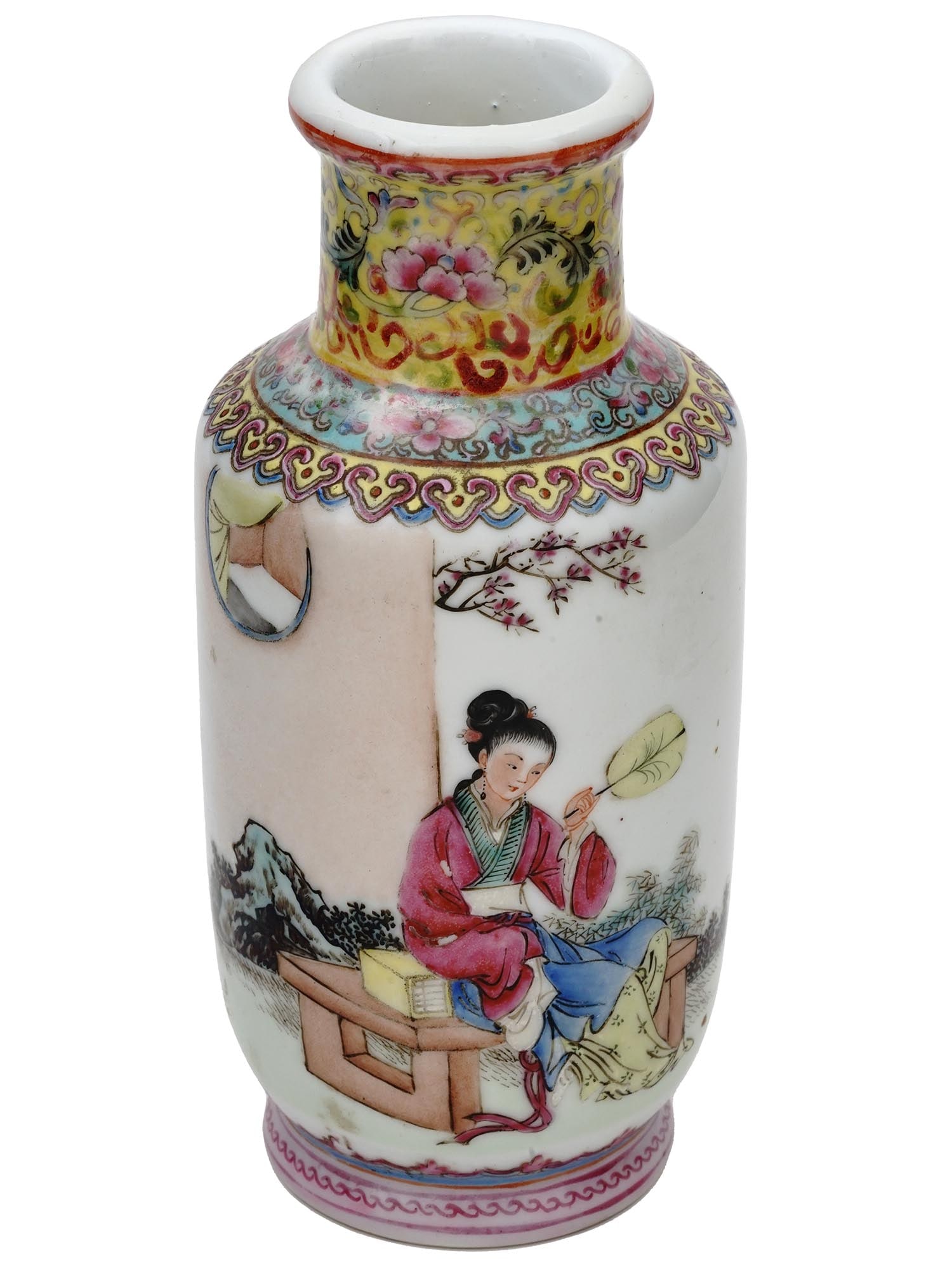 ANTIQUE CHINESE QING JINGDEZHEN PORCELAIN VASE: An antique Chinese hand painted porcelain vase. Late Qing dyansty, 19th century. Cylinder shape with pronounced neck and base. The painting on the vase depicts a seated lady with a fan in a garden. A 