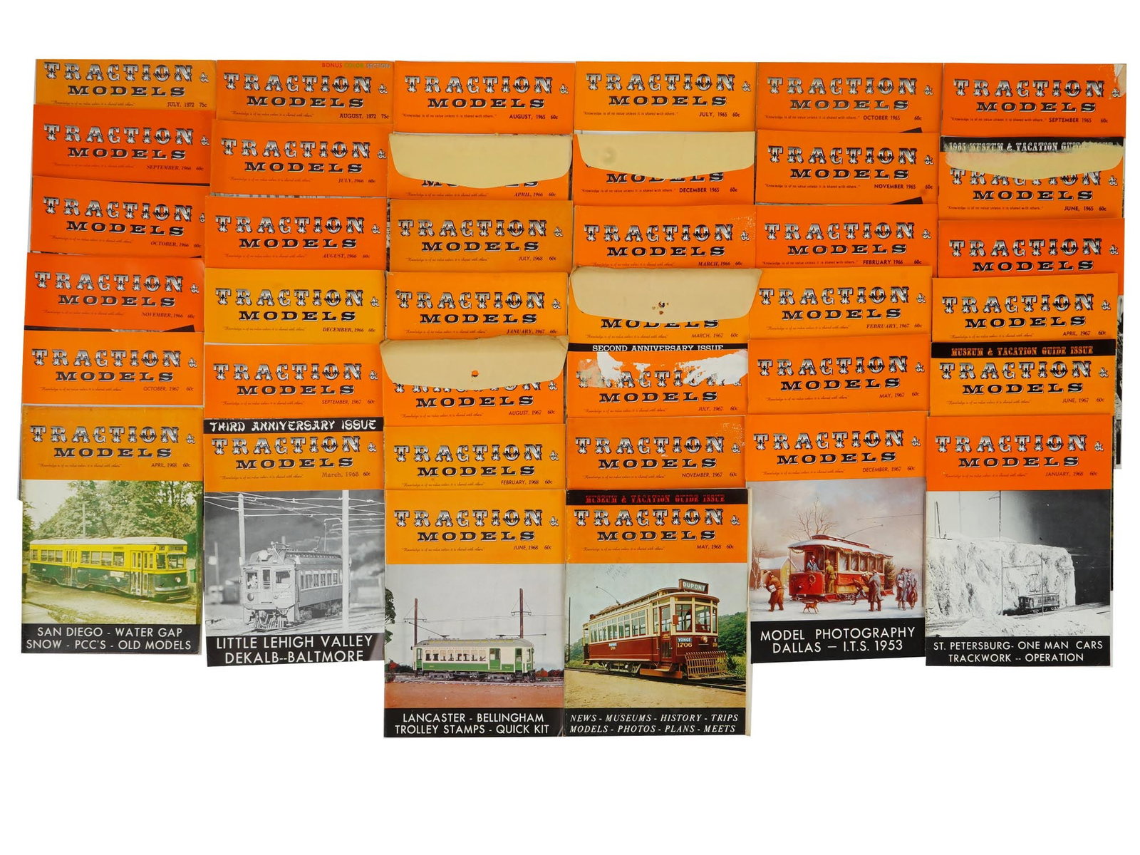 COLLECTION OF VINTAGE TRACTION AND MODELS MAGAZINES: A collection of vintage Traction and Models Magazine issues from the 1960s. Each issue presents articles and illustrations, and features that chronicle the evolution, technical nuances, and historical