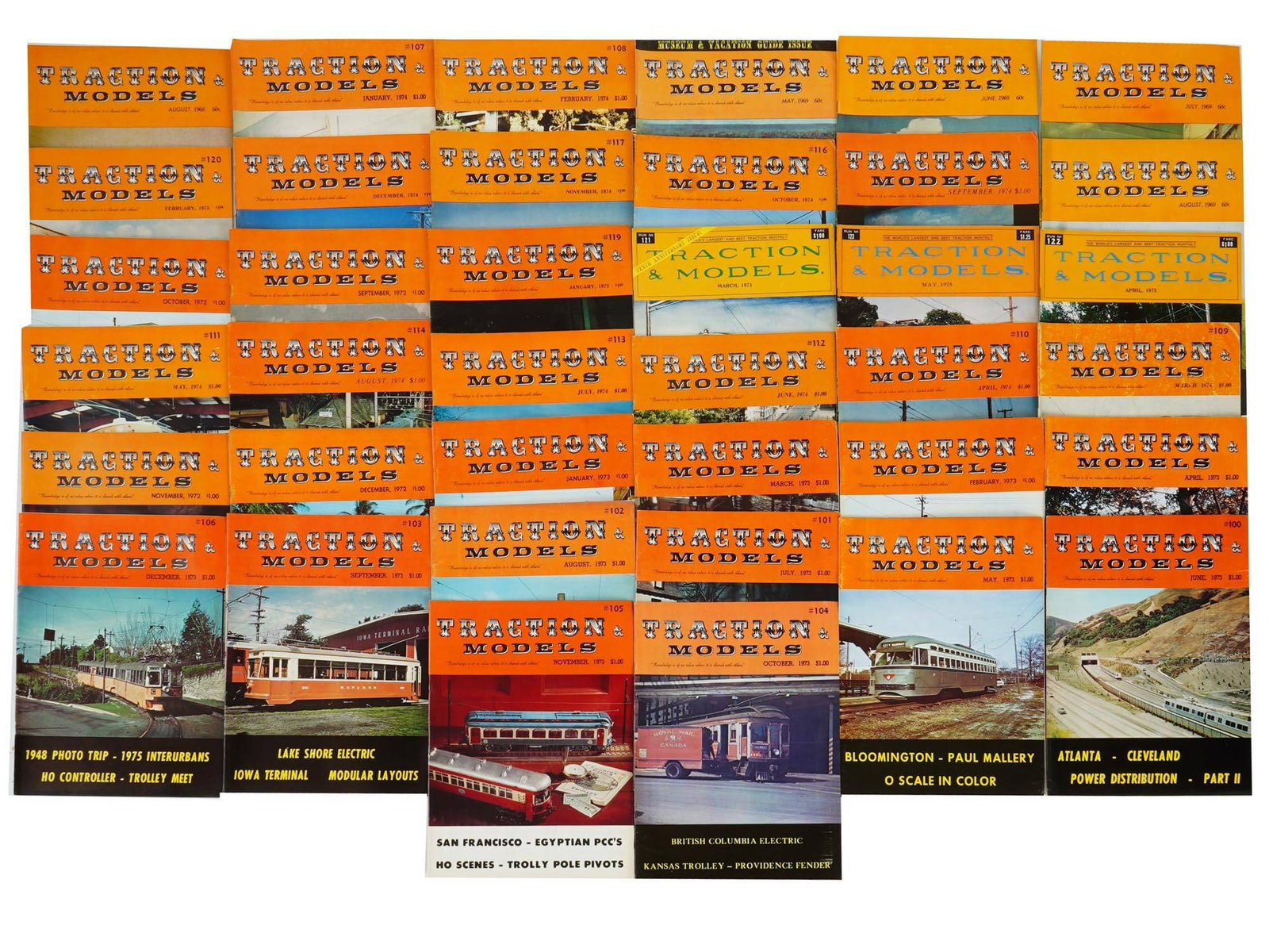 COLLECTION OF VINTAGE TRACTION AND MODELS MAGAZINES: A collection of vintage Traction and Models Magazine issues from the 1970s. Each issue presents articles and illustrations, and features that chronicle the evolution, technical nuances, and historical