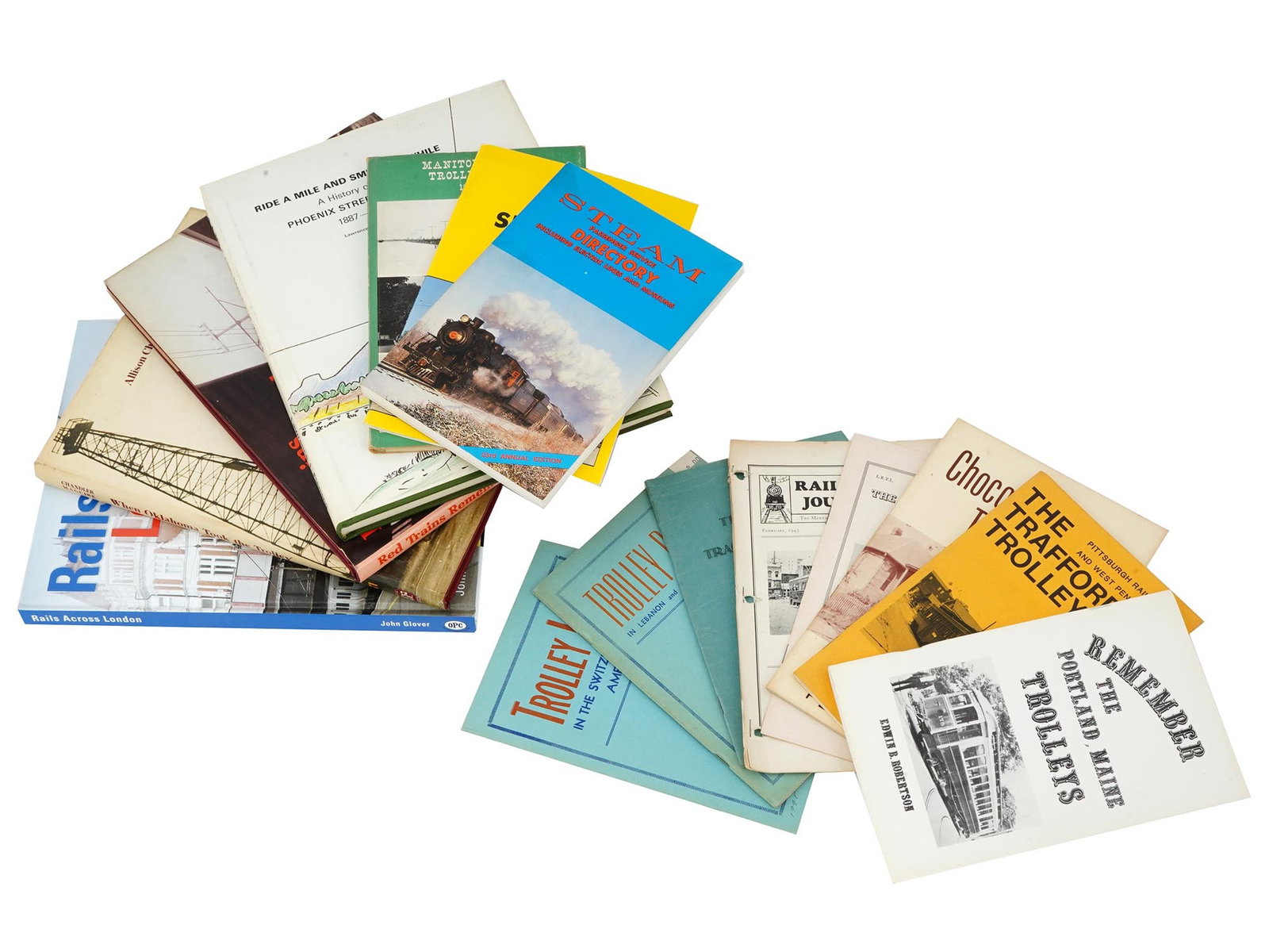 VINTAGE EDITIONS ON BRITISH AMERICAN TRANSPORT HISTORY: A collection of vintage editions dedicated to the history of British and American transport, featuring titles like Manitou Beach Trolley Days 1891 to 1925, A Guide to the Seashore Museum Collection, T