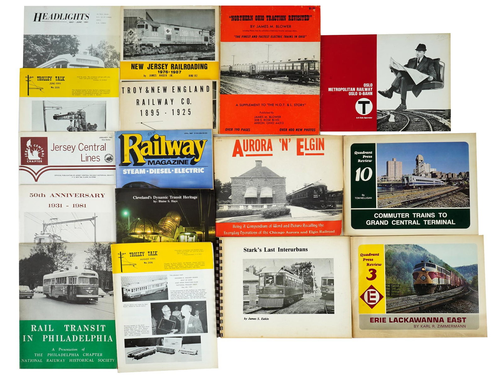 VINTAGE EDITIONS ON AMERICAN RAILWAY TRANSPORT HISTORY: A collection of vintage editions on the history of American railway transport. The lot includes valuable treasures such as Trolley Talk magazine issues from the 1990s, offering a glimpse into the trol