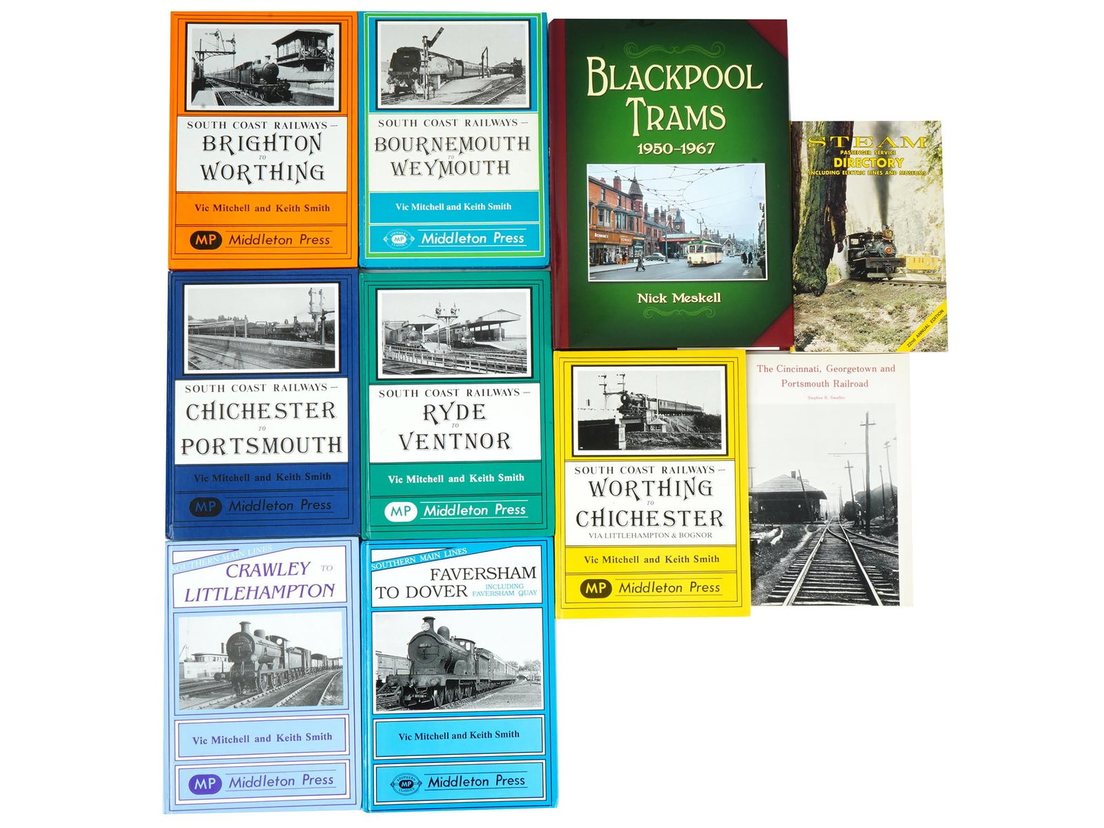COLLECTION AMERICAN ENGLISH TRAMWAY TRANSPORT BOOKS: A collection of ten American and English books about transport. The collection includes a group of South Coast Railways books by Middleton Press; Blackpool Trams 1950 to 1967 by Nick Meskell, complete