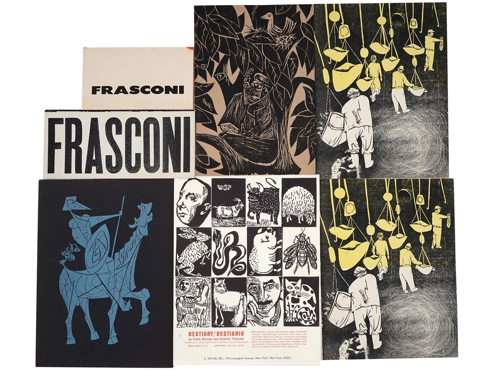MID CENTURY ANTONIO FRASCONI EXHIBITION BOOKLETS: A lot of 1950s booklets for the exhibitions of Antonio Frasconi at the Weyhe Gallery, NY. A total of 7 items. Antonio Frasconi, 1919 to 2013, was an American woodcut artist and illustrator. Weyhe Gall