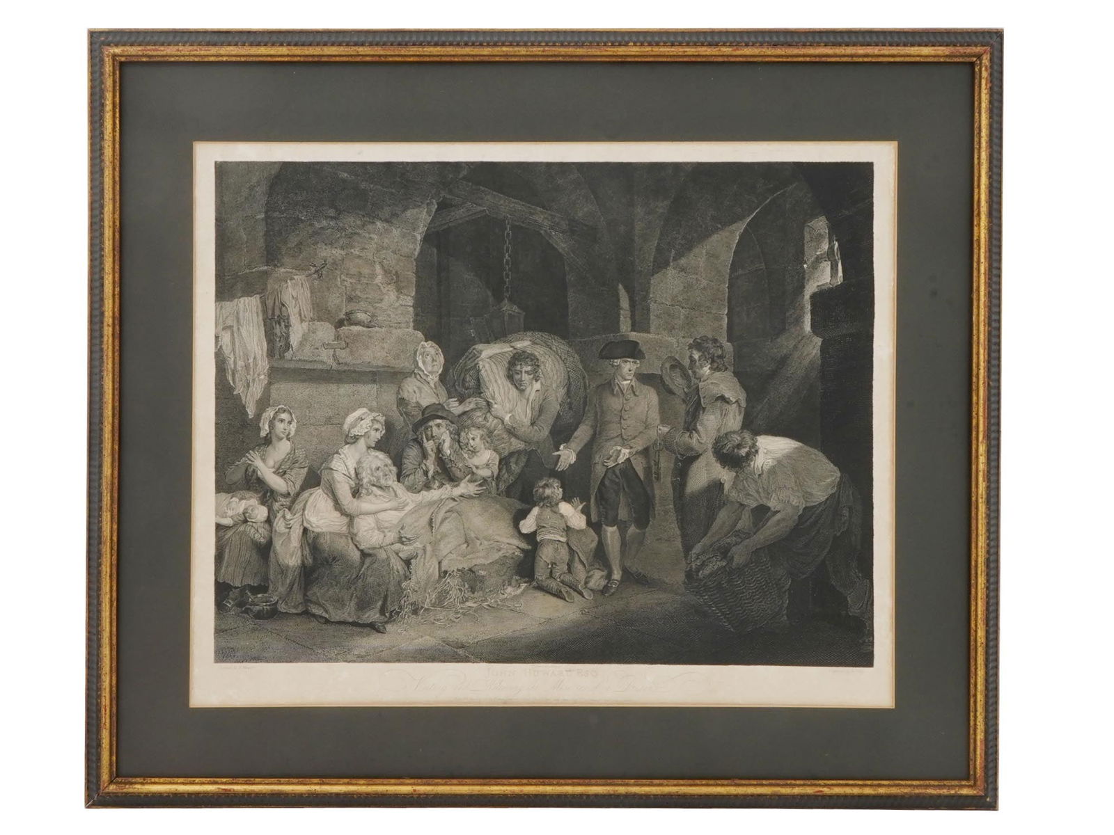 ANTIQUE ENGLISH HISTORICAL ENGRAVING BY FRANCIS WHEATLEY: An antique late 18th-century English engraving on paper. The artwork depicts a multi-figure genre scene, a family in prison cell. Titled John Howard, Esq. Visiting and Relieving the Miseries of a Pris