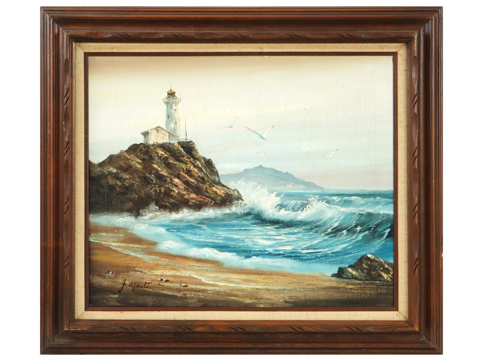 VINTAGE OIL PAINTING ON CANVAS BY ARTIST G MARTIN: A vintage oil painting on canvas by artist G. Martin. The painting depicts a sandy shore with a white lighthouse standing on a rock in the distance, rising above the stormy sea during a storm. Excited
