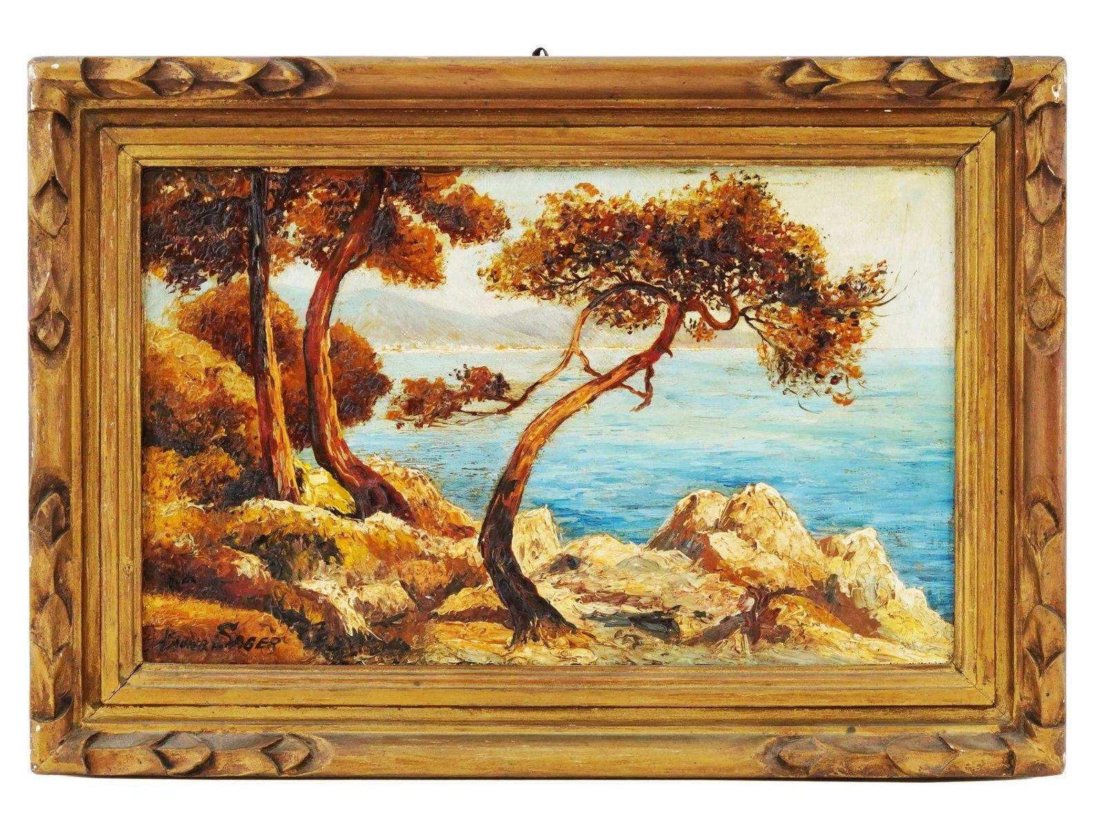 ANTIQUE FRENCH OIL PAINTING ON BOARD BY XAVIER SAGER: An antique oil painting on board by French artist Xavier Sager, 1881 to 1969. The painting depicts a rocky coast by the sea, painted in warm colors in the artists original style, combining impressioni