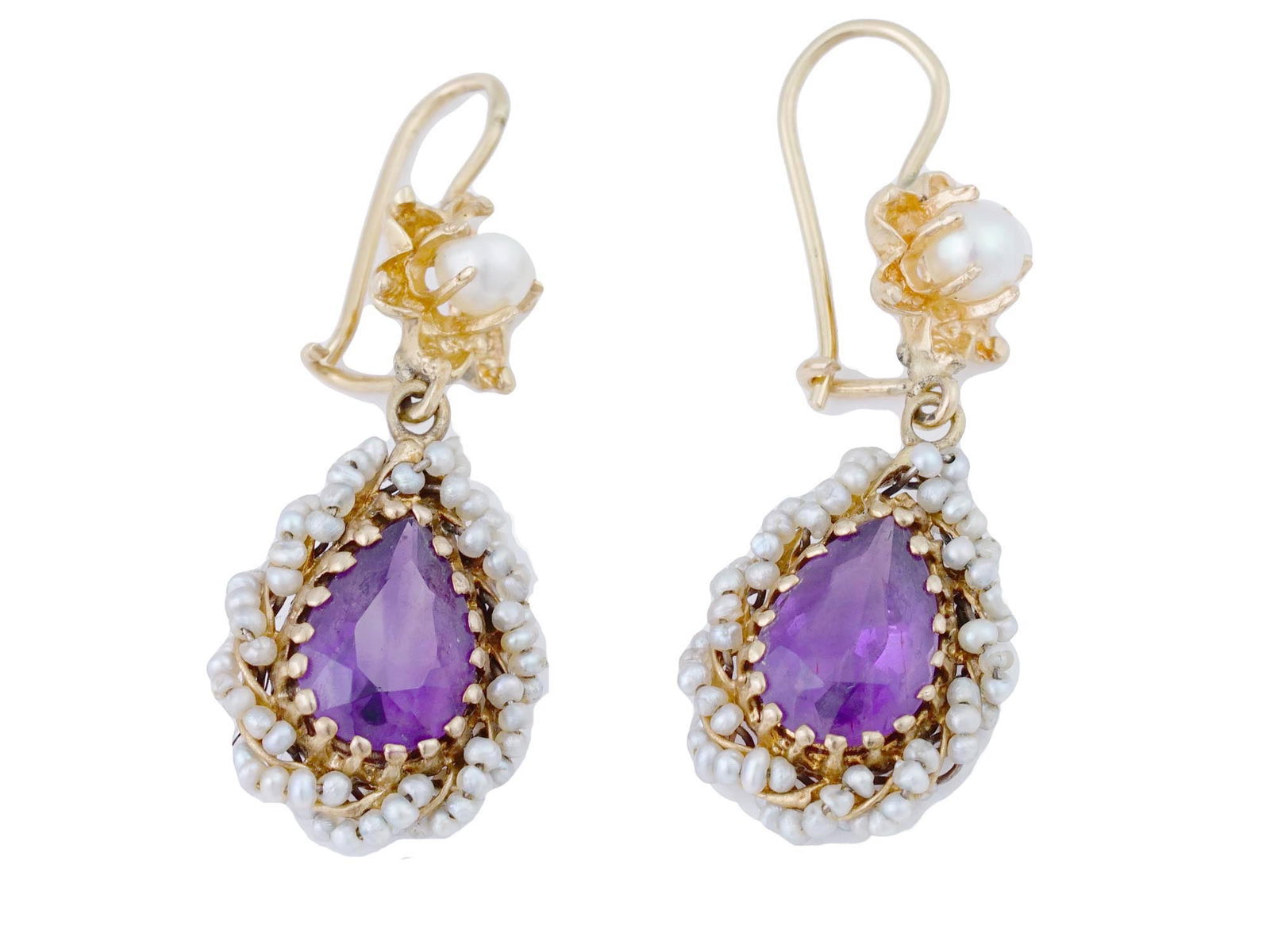 ANTIQUE 14K GOLD PEARL AND AMETHYST DROP EARRINGS (1 of 4)