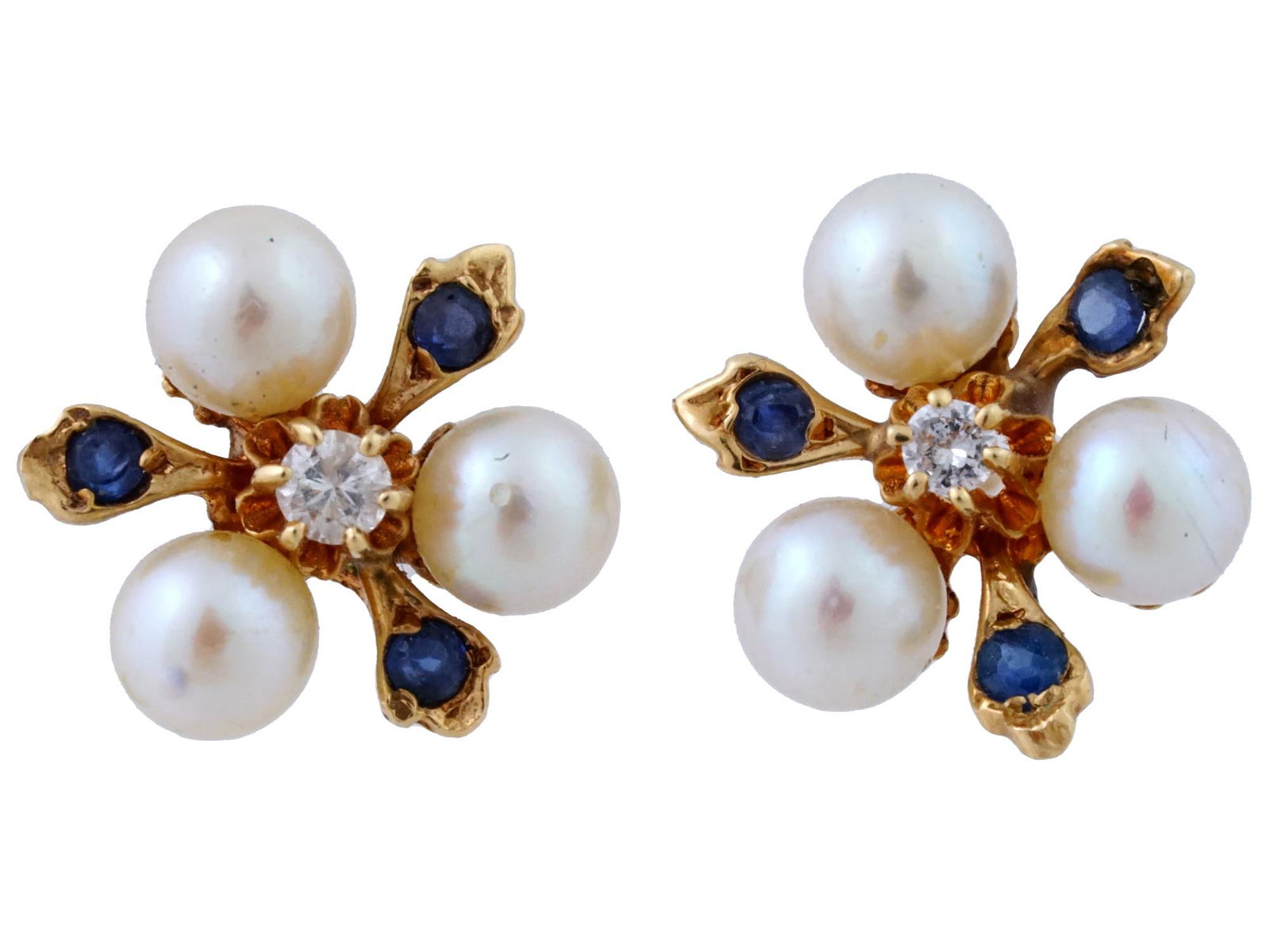 14K GOLD PEARL SAPPHIRE AND DIAMOND STUD EARRINGS (1 of 5)