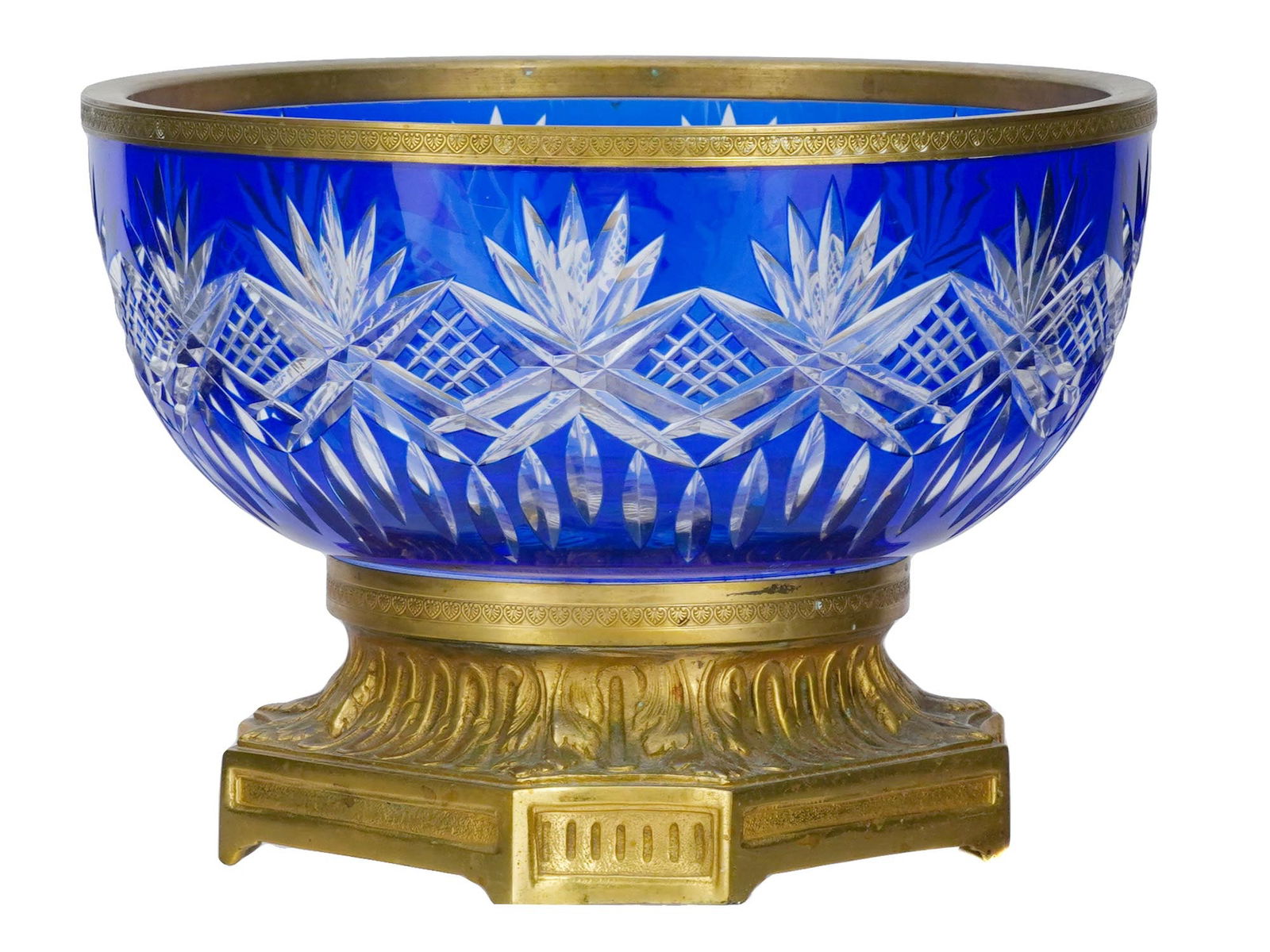BOHEMIAN COBALT GLASS GILT BRONZE CENTER PIECE BOWL (1 of 4)