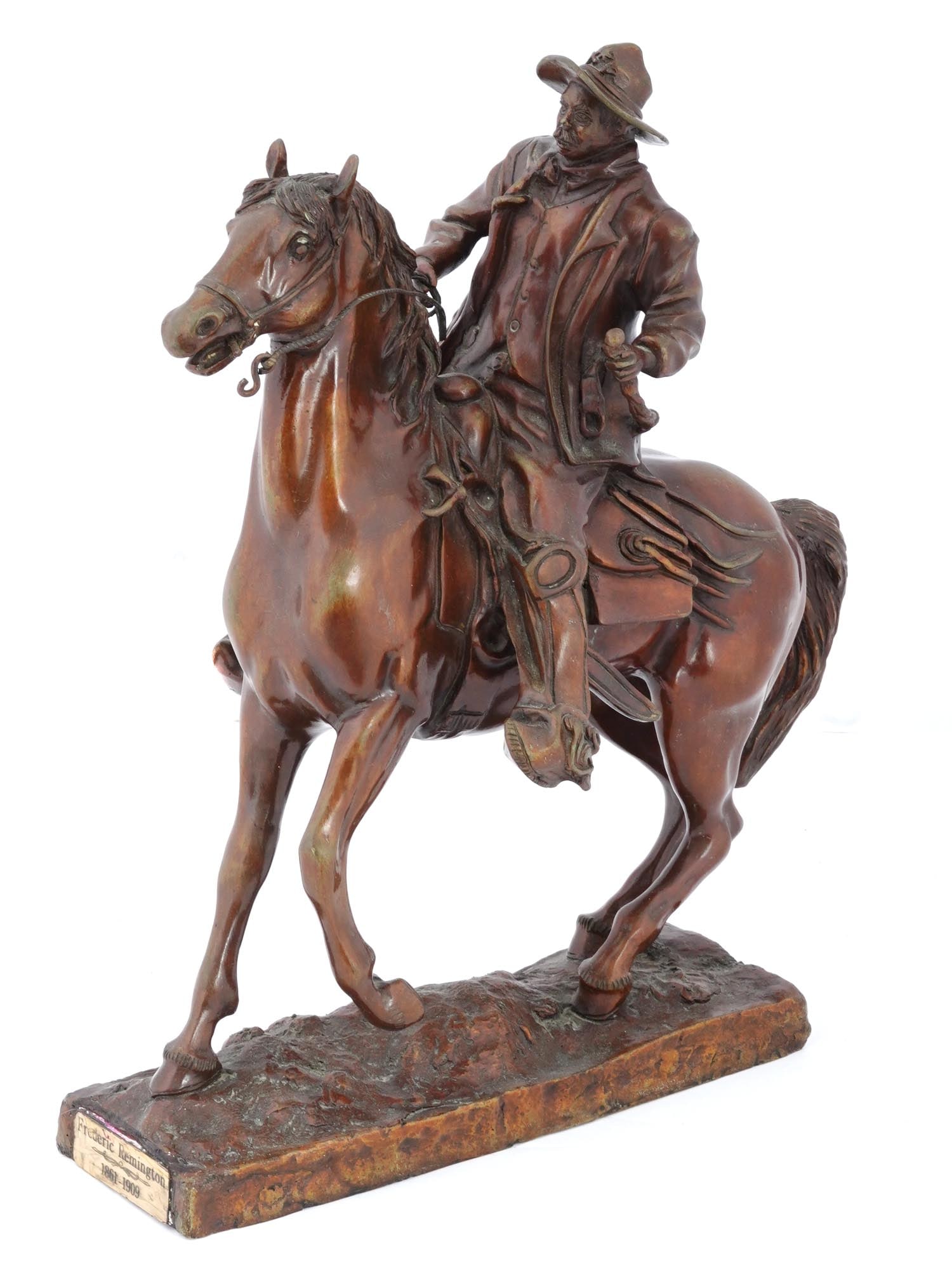WEST AMERICAN BRONZE SCULPTURE BY FREDERIC REMINGTON: Frederic Remington, American, 1861 to 1909, a finely modeled bronze sculpture depicting a horse rider of the American West. Mounted on a sculptural base with a metal plaque inscribed, Frederic Remingt