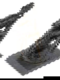 FRENCH FEMALE BRONZE SCULPTURE AFTER JEAN LEON GEROME: A French patinated bronze sculpture depicting an elegant lady after Jean Leon Gerome, French, 1824 to 1904. Mounted on an oval shaped base. Signed, Gerome, and marked with an impressed stmap, European