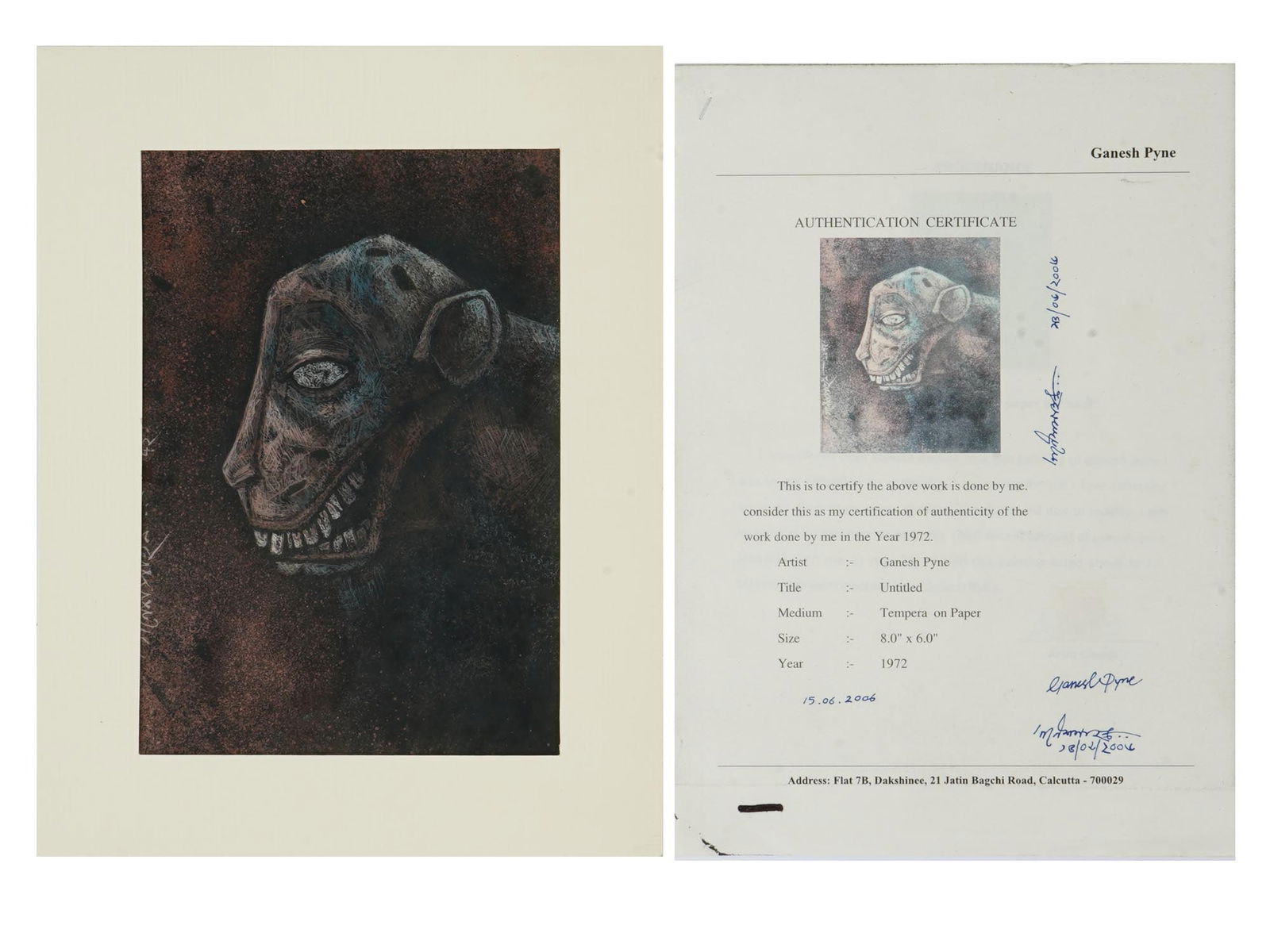MODERN INDIAN TEMPERA PAINTING BY GANESH PYNE W COA: Ganesh Pyne, Indian, 1937 to 2013, tempera painting on paper depicting a portrait of a creature, 1972. Signed and dated lower and to the center left. Matted. Completed with a Certificate of Authentici