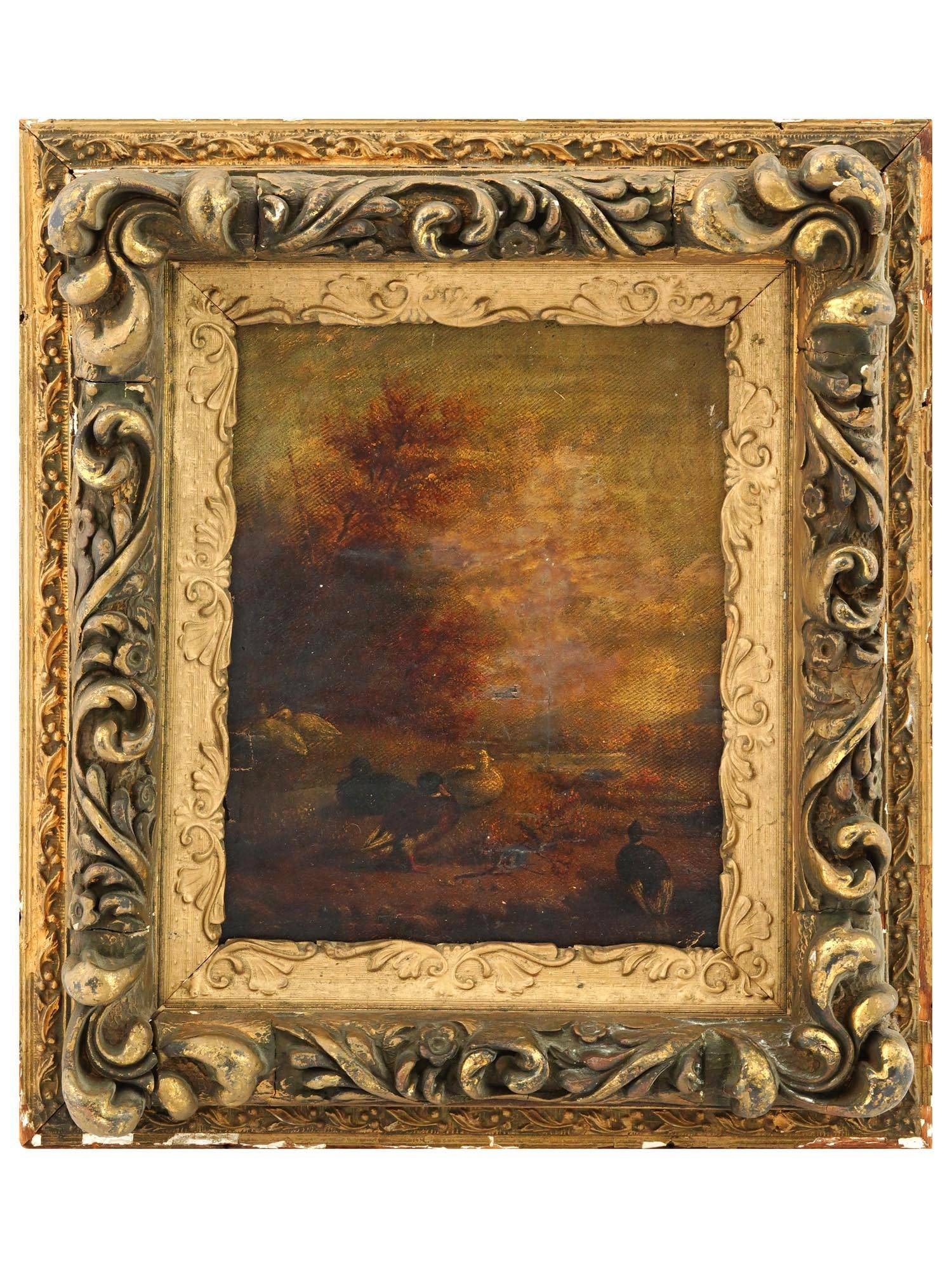 ANTIQUE 19TH C LANDSCAPE WITH GEESE OIL PAINTING (1 of 9)