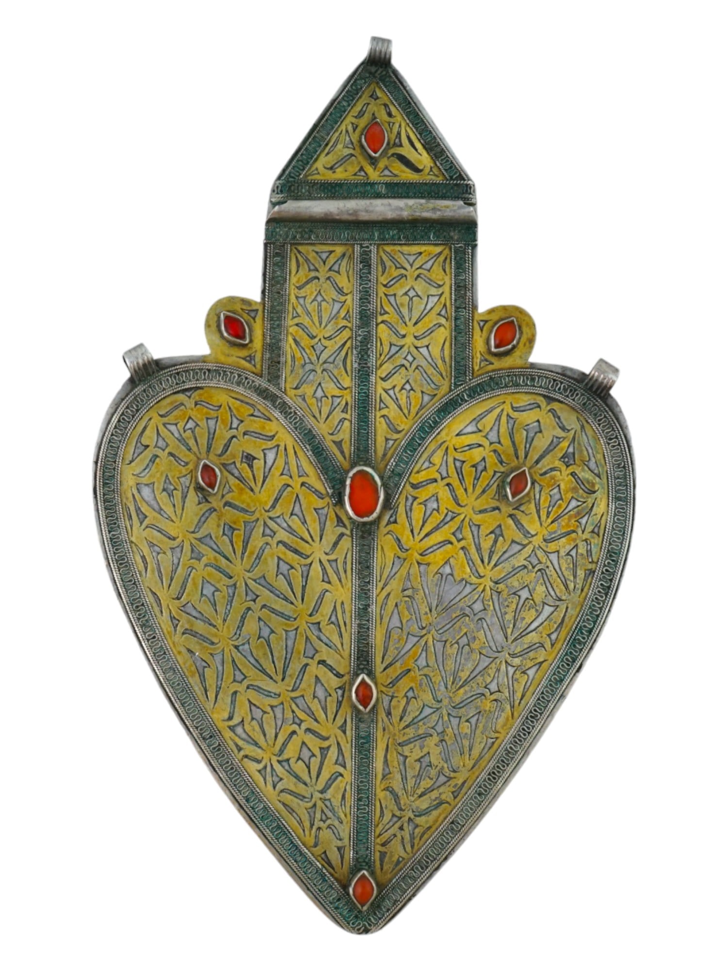 ANTIQUE TURKMEN CORDIFORM ASYK SILVER GILT PENDANT (1 of 5)